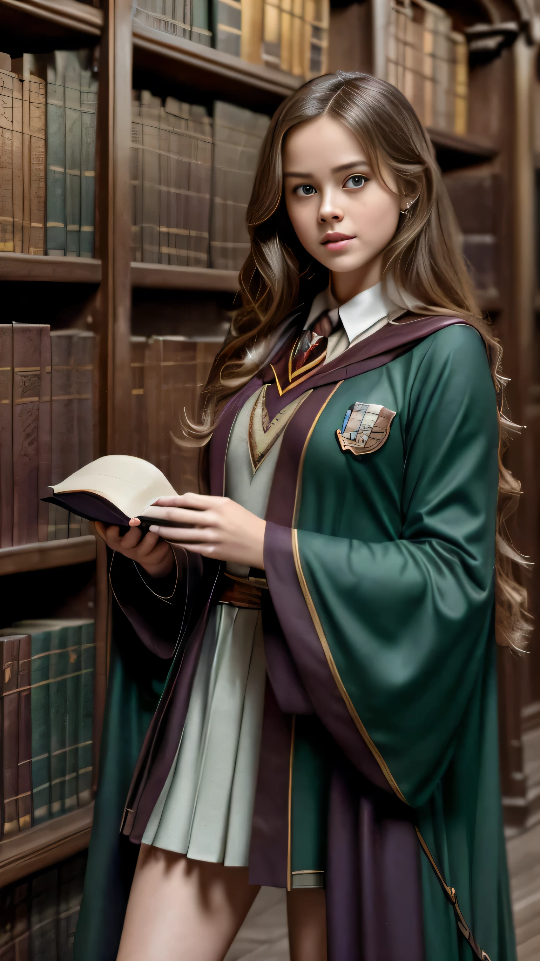 (cinematic photograph of a detailed beautiful 18-year old woman with ((facial and body characteristics that is similar to Kristina Pimenova))), (), ((Harry Potter Wizarding World: Theme: Magical and enchanting. Clothing: Hogwarts-inspired robes or a casual wizarding outfit. Scene: A library, mystical forest, or a magical-looking street. Props: Wand, books with a Hogwarts crest, or a potion bottle.)), (), (), finely detailed, ultra-realistic features of her pale skin and (slender and athletic body), and (symmetrical, realistic and beautiful face), candid, (), (), (()), (), film stock photograph, rich colors, hyper realistic, lifelike texture, dramatic lighting, strong contrast