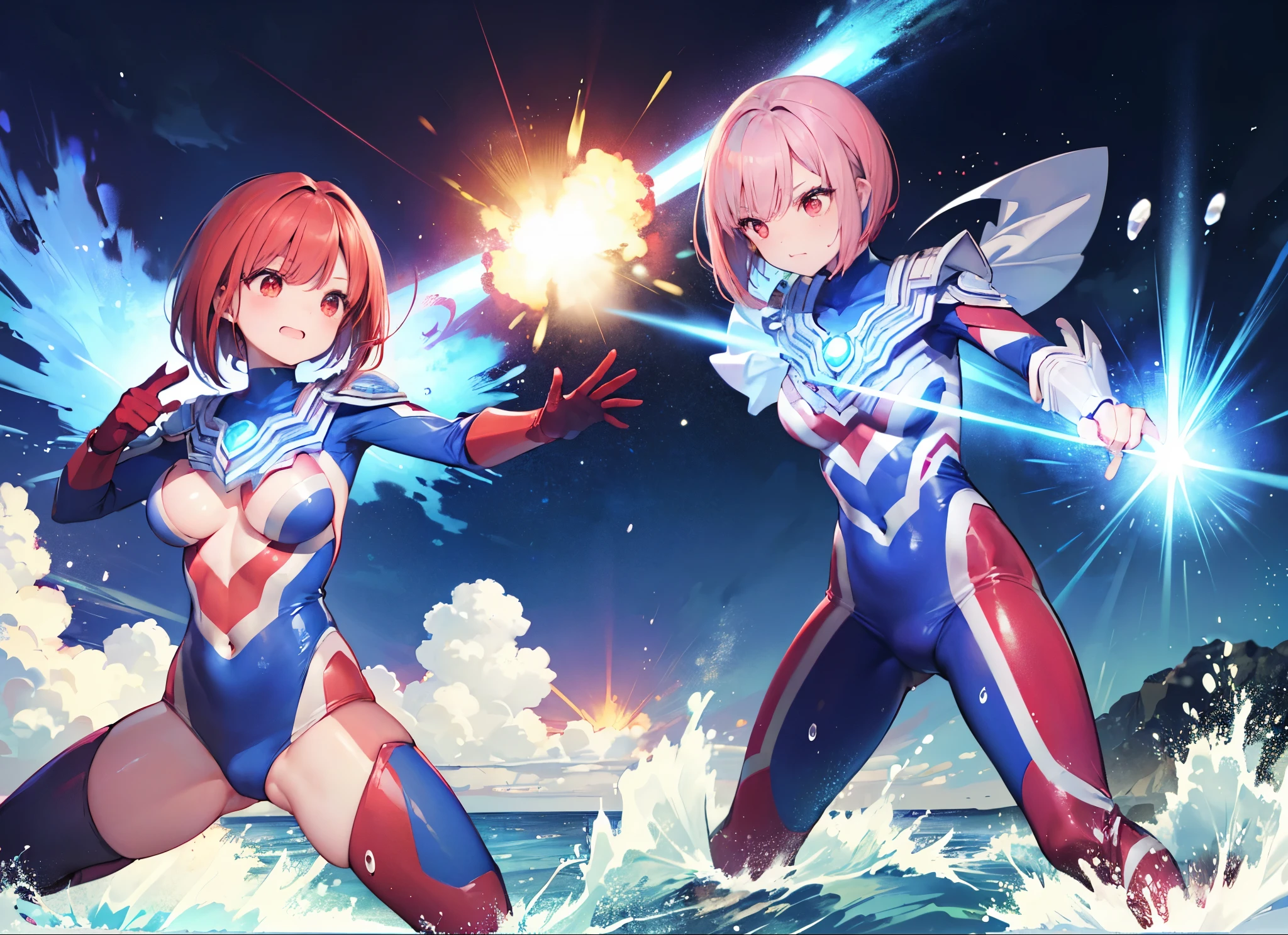 highest quality, ultra detail, High quality CG drawing, The most delicate and beautiful, Floating gently, High resolution, (1 giant woman), (Highest image quality,4K,8K,masterpiece:1.2),(all red hair:1.5),(short bob:1.5),(red eyes:1.5), Ultraman,(ultra girl:1.0), (赤いUltramanボディスーツ:1.4),slightly bigger breasts,red gloves,(rampage :1.0), whole body, (finding stance), ((dynamic), be familiar with fingers, be familiar with hands, be familiar with face), be familiar with,(battle at sea:1.2),soaked in the sea,inflammation,(get wet:1.3)