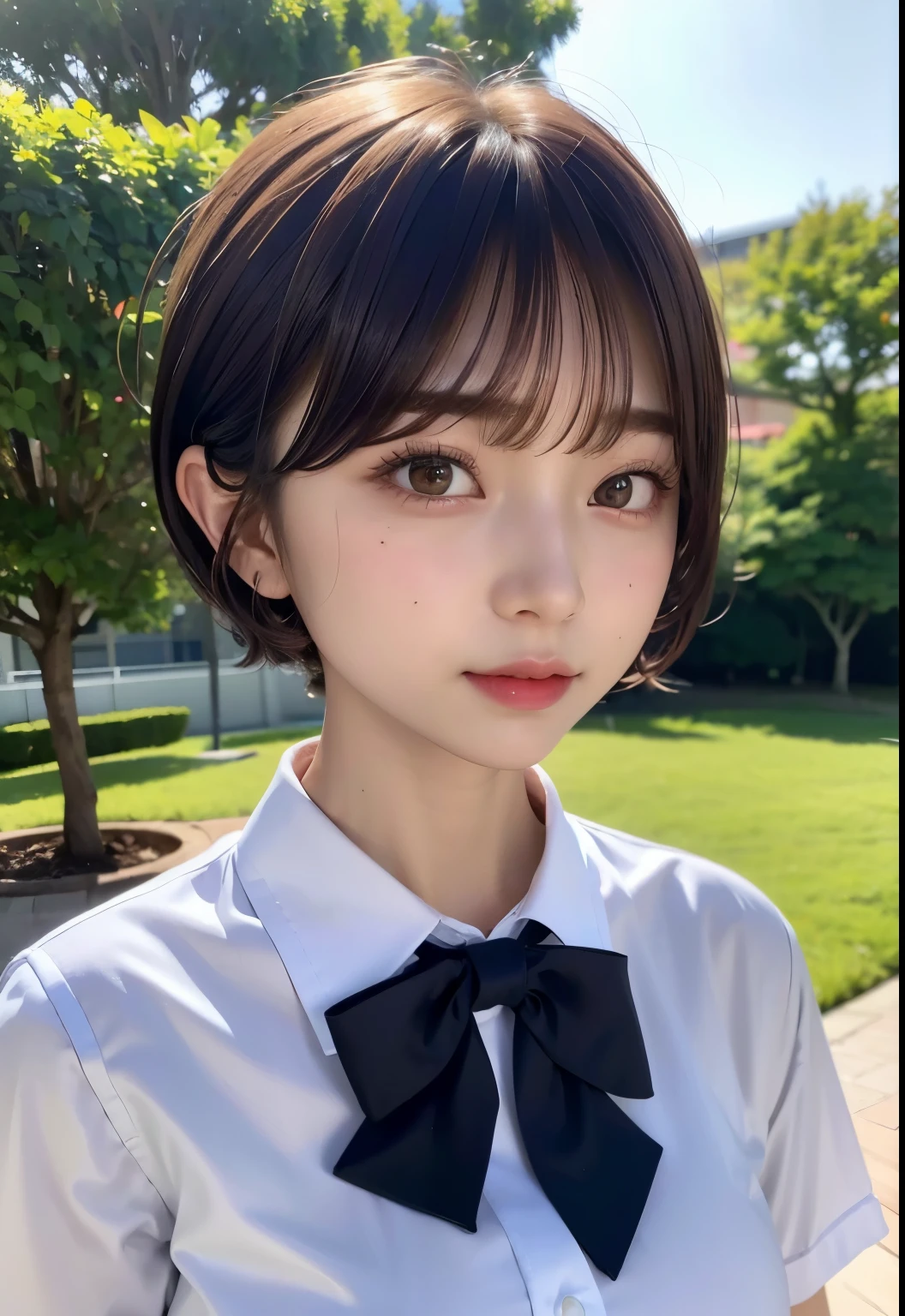 ((highest quality))、(masterpiece:1.4)、Raw photo、8k、((best image quality))、 ((High resolution))、Beautiful face in every detail、realistic human skin、gentle expression、(one woman:1.3 )、realistic、Photoreal、(short hair)、(Beautiful woman)、(cute japanese girl)、(boyish:1.3)、(mannish)、((Beautiful woman))、(beautiful hair)、((dark brown hair))、(((red cheeks)))、((her eyes are big))、20 year old beauty、(small face)、small head、((long neck))、high school girls uniform、(white shirt)、high school girls ribbon、(A bow tie)、garden