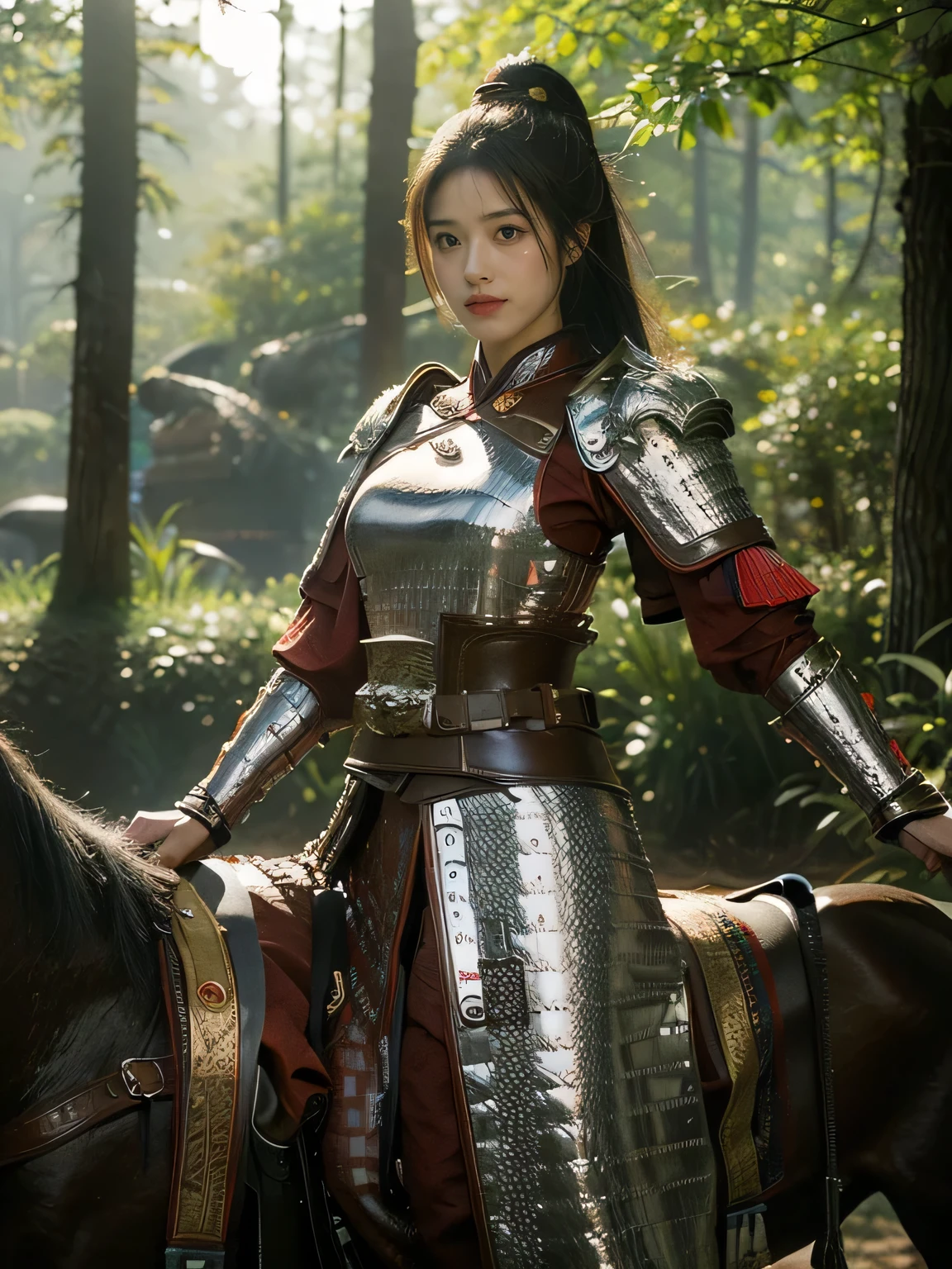 masterpiece,Best quality,HD quality,face close-up,Detailed sculpting of eyes,A high resolution,8K,Ancient battlefield background, ((field:1.8)),(Female generals on the battlefield in the Han Dynasty),(mounted on a horse),18-year-old girl,(long ponytail hairstyle),cparted lips,Full and erect breasts,Noble and charming,Elegant and serious,Chinese armor,sword, Chinese architecture, Brown cape,,The combination of white metal and red leather,chest armor,metallic luster,Leather buckle,Exquisite pattern,mysterious badge,Cool and gorgeouig breasts)),Chest groove,Three Kingdoms character painting style,Photo pose,oc render reflection texture,charming smile,Head-up shot,bright afternoon,woodland background