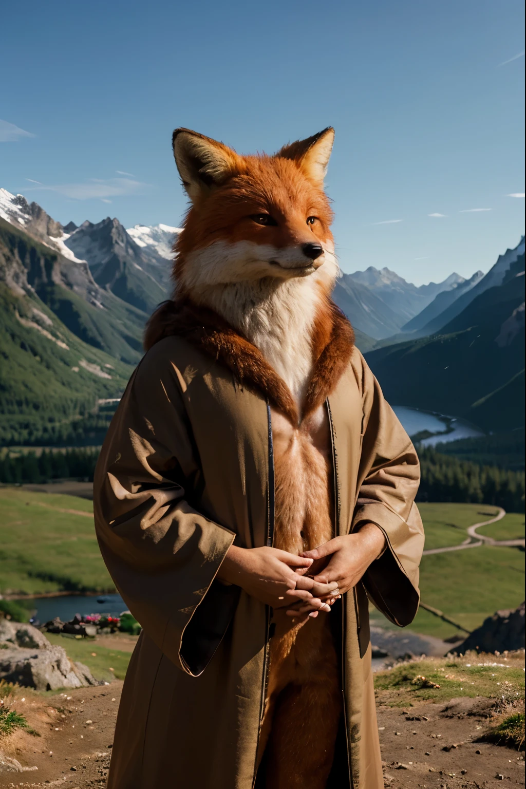 An anthropomorphic fox with realistic fur and serious expression., Dressed in Druid robes, standing proudly against a background of majestic mountains.