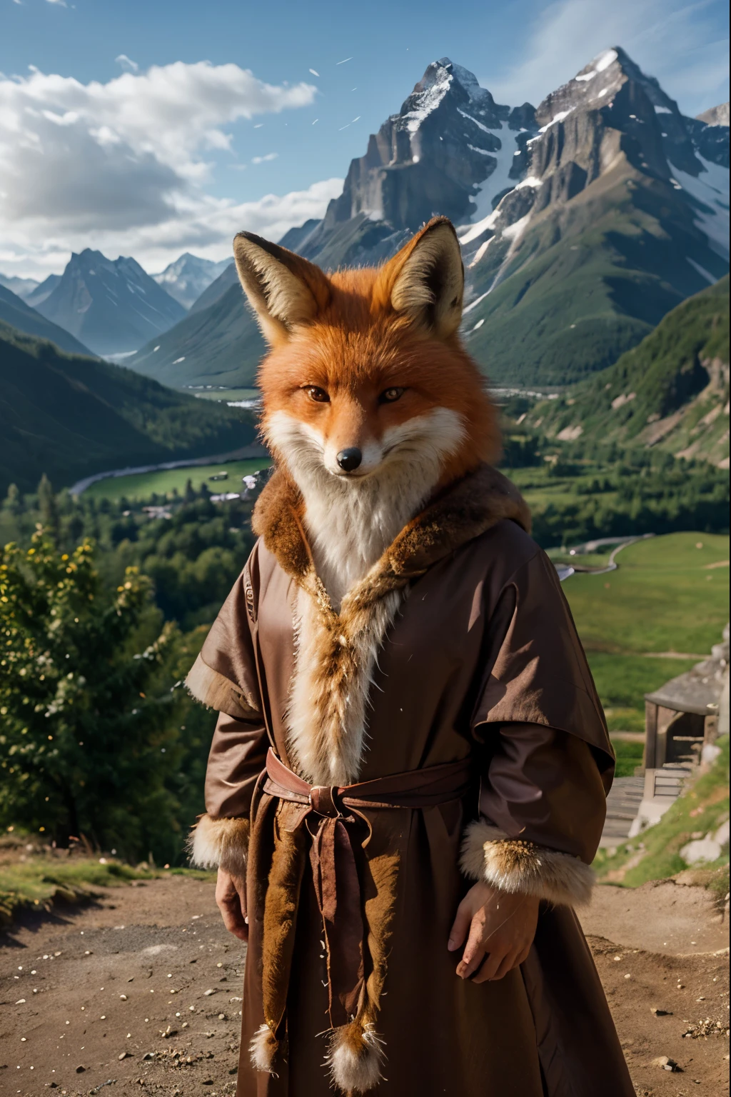 An anthropomorphic fox with realistic fur and serious expression., Dressed in Druid robes, standing proudly against a background of majestic mountains.