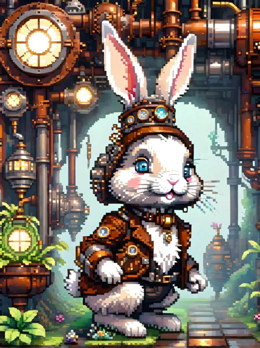 (pixel art:1.5),A cute mechanical rabbit wearing an Easter style costume,Its body is made of exquisite copper and silver parts。Its eyes are like two glowing gems,transparent,Under the illumination of neon lights,Create a sparkling effect together with high-precision mechanical components。Rabbit holding an easter egg,Stand in a fantasy garden filled with Easter-related steampunk elements。Surrounded by exotic plants and Easter eggs,Create a mysterious and fantasy atmosphere。The scene combines traditional Easter themes with a futuristic steampunk style,Showcasing rabbit's intricate designs and magical garden settings。
