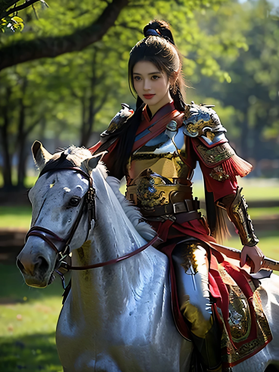 masterpiece，Best quality，HD quality，face close-up，A high resolution，8K，Ancient battlefield background, ((field：1.8))，(Female generals on the battlefield in the Han Dynasty)，(mounted on a horse)，18-year-old girl，（long ponytail hairstyle)，cparted lips，Full and erect breasts，Noble and charming，Elegant and serious，Chinese armor,sword, Chinese architecture, Brown cape，，The combination of white metal and red leather，chest armor，metallic luster，Leather buckle，Exquisite pattern，mysterious badge，Cool and gorgeouig breasts))，Chest groove，Three Kingdoms character painting style，Photo pose，oc render reflection texture，charming smile，Head-up shot，bright afternoon，woodland background