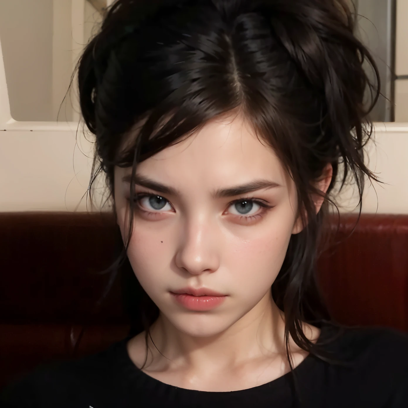 Mujer arafed con camisa negra y camisa negra., ojos negros y hoscos, ojos oscuros y penetrantes, with black sclera eyes, pelo negro y ojos grandes, ojos negros y frente grande, 1 7 year old gothic girl, black eyes and sclera, mirada severa, mirada enojada, ojos oscuros, cara bonita de pelo negro