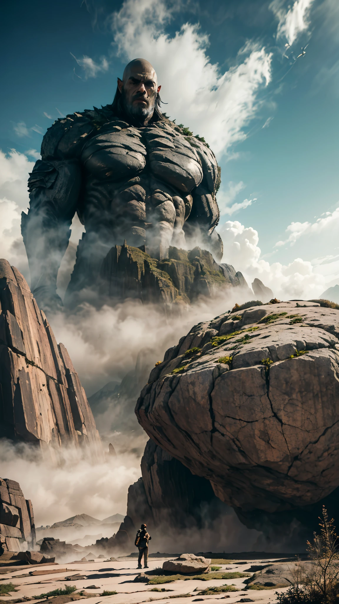 (good structure),high dynamic range,ultra high definition,8k,Rock Giants,Giant Clan, cliff, cloud, cloudy sky, day, giant, landscape,Upper body exposed to the ground,Body covered by mountains,smoke, male focus, mountain, mountainous horizon, muscular, outdoors, rock, scenery, sky, solo,A body composed of rocks,Incomplete body