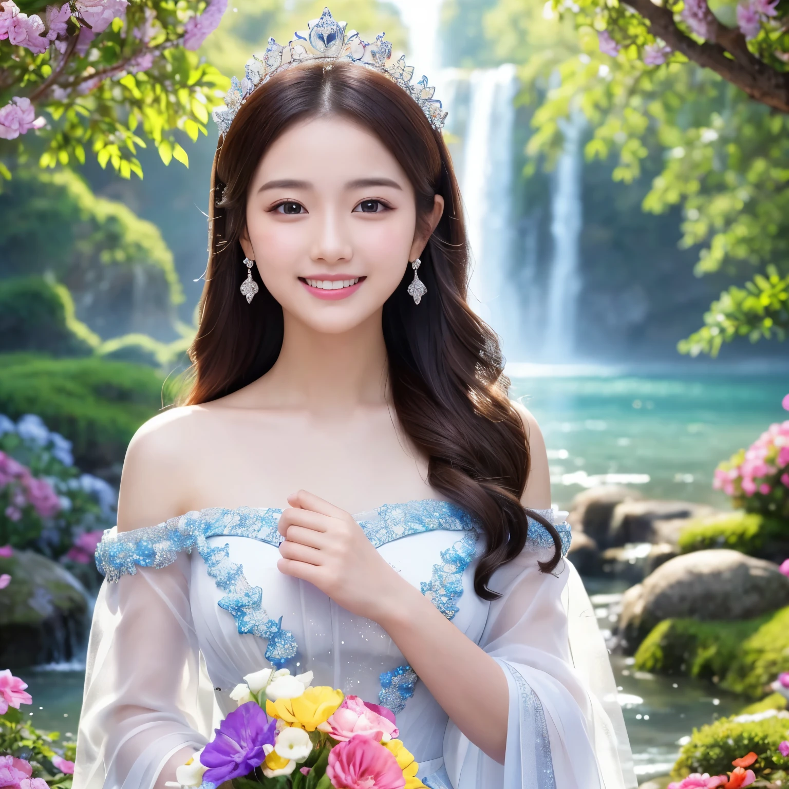 (highest quality、table top、8k、best image quality、hyper realism)、Princess、highly detailed face、upper body photo、(look at me最大の笑顔、the happiest smile), look at me、long hair fluttering in the wind, (Colorful flower garden、colorful flower garden in heaven), (The finest pure white princess dress:1.1)、accurate anatomy、fairy tale atmosphere、fairy tale sparkle、sacred waterfall、very clear beautiful water、sparkling beautiful water、beautiful colorful flowers、(A paradise filled with all the mysteries of beautiful nature、A treasure trove of beautiful nature、mysterious and fantastic heaven)、radiant beautiful skin、(very bright and vivid:1.1)、(Super high-definition beautiful skin that shines brightly;1.1)