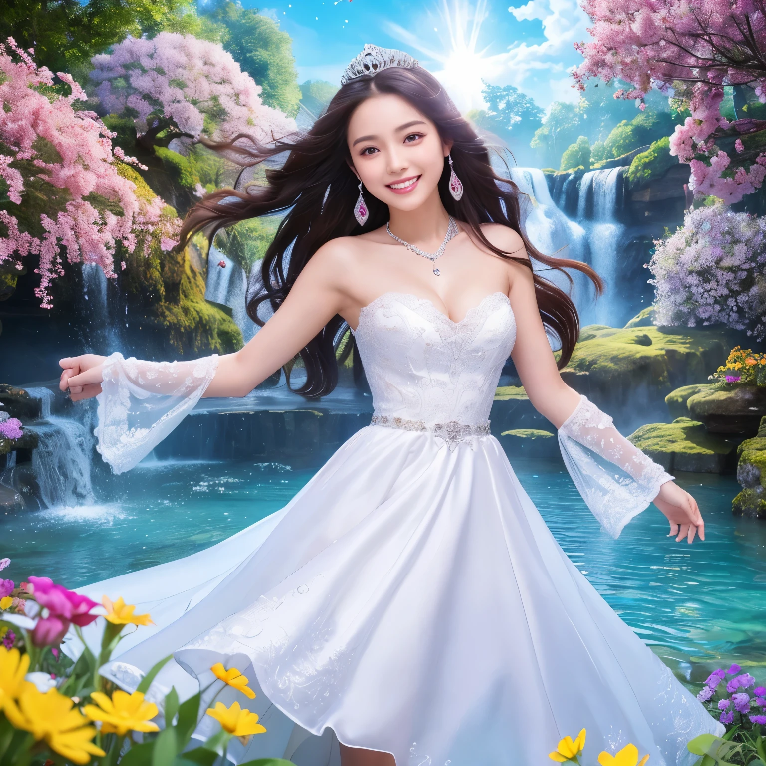 ((realistic:1.5)),((best quality)), ((masterpiece)),((detailed)), (1girl), a beautiful female (upper body:1.3),,super-wide-angle lens, face focus, toned muscles, long legs, barefoot, slim thighs, narrow hips, green eyes, long eyelashes, small breasts, (detailed face, smile with teeth, beautiful eyes, detailed clothes features, clear background:1.3), (Normal skin, messy brown hair, outlined eyes, outlined face, bracelet, Full body), wearing blue and white princess dress, posing in a field, flowers, waterfall background, best shadow, bright details, sharp, perfect composition, Intricate, Sharp focus, dramatic, by Julie Bell, by Olivia De Berardinis, by Luis Royo, by Boris Vallejo