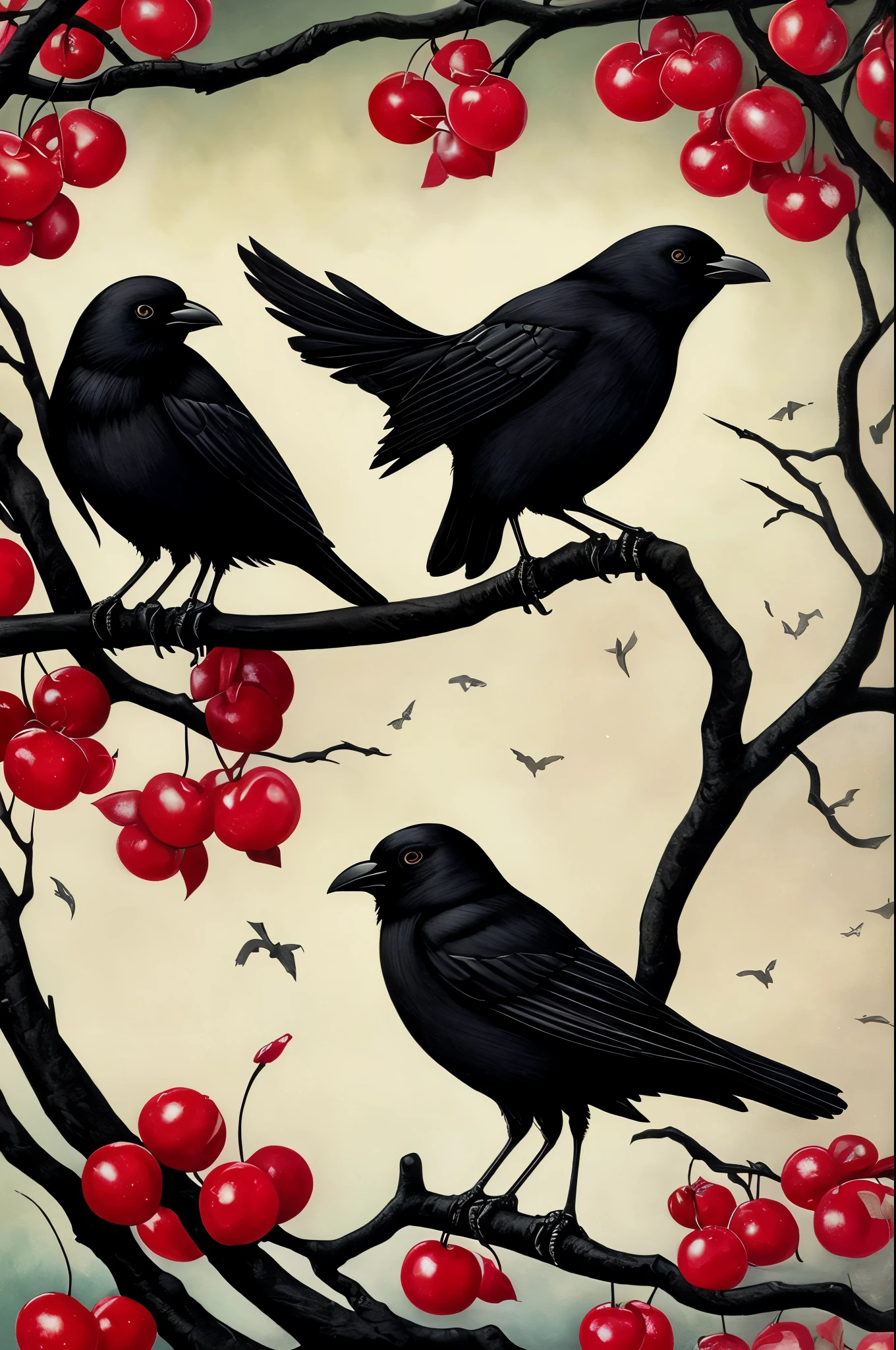 painting of two black birds sitting on a branch of a cherry tree, an acrylic painting by Anne Stokes, trending on deviantart, gothic art, crows beautiful, crows, jana brike art, style of esao andrews, style of tom bagshaw, beautiful depiction, tom bagshaw. oil painting, gothic painting, southern gothic art, detailed 3d gothic oil painting, ravens