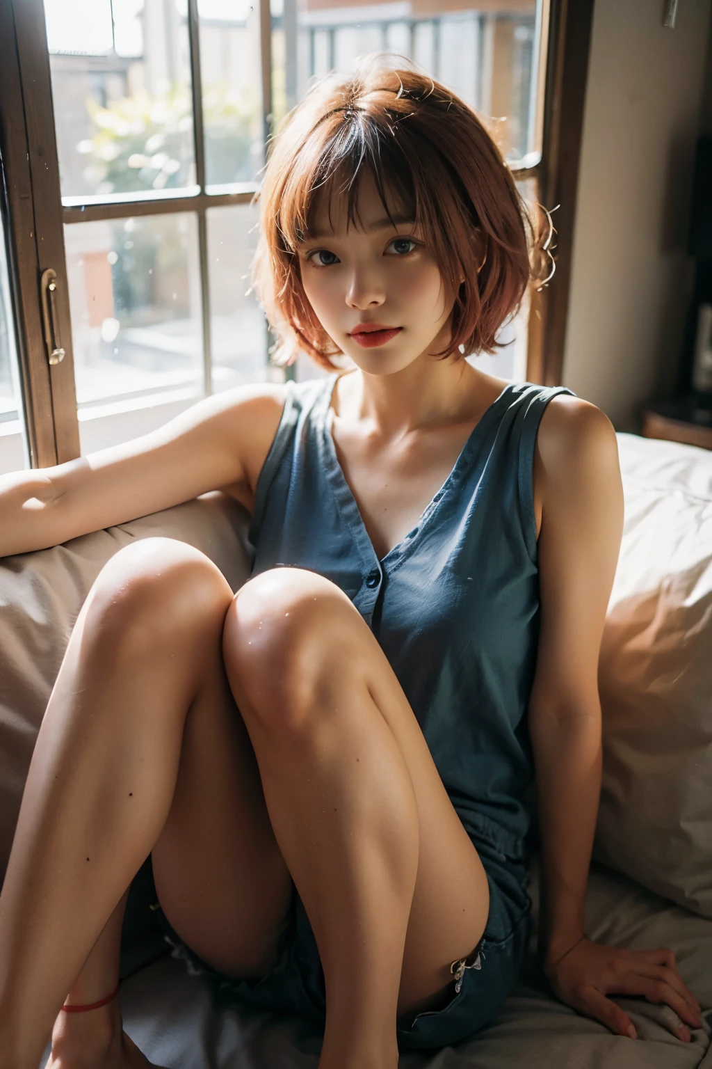 20yo woman， （masterpiece： 1.4）， （8K， reality， original photo， best quality： 1.4）， Japan， （1 girl）， beautiful face， （Real faces： 1.4）， （pink hair， short hair： 1.3）， hairstyle， Realistic blue eyes， beautiful details eyes， （reality skin： 1.3）， beautiful skin， Attractive， ultra high resolution， Super realistic， HD， golden ratio， （Detailed face： 1.4）， （Japanese actor： estuary）， Sheer vest，粉色short hair，Whitetransparent，White，NSFW，big，big ass emphasis，The nipple areola is clearly shaped，looking into camera，Sitting on the sofa，pubic shape is transparent and clear，posture（Bend your knees and legs open）