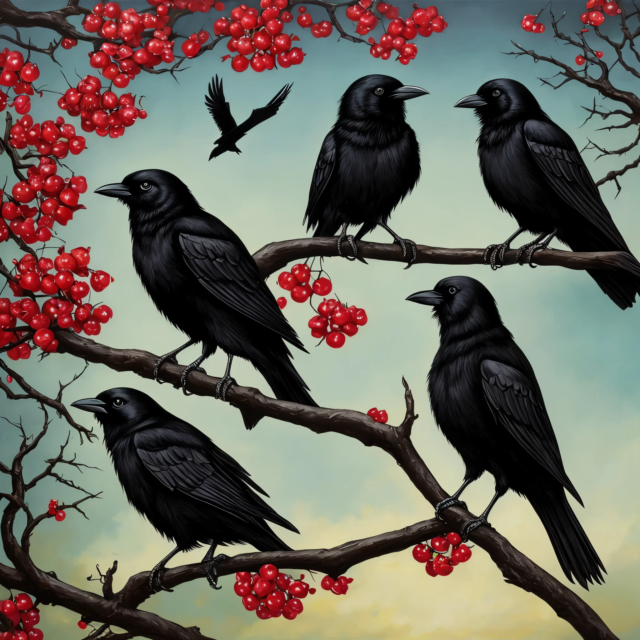 painting of two black birds sitting on a branch of a cherry tree, an acrylic painting by Anne Stokes, trending on deviantart, gothic art, crows beautiful, crows, jana brike art, style of esao andrews, style of tom bagshaw, beautiful depiction, tom bagshaw. oil painting, gothic painting, southern gothic art, detailed 3d gothic oil painting, ravens