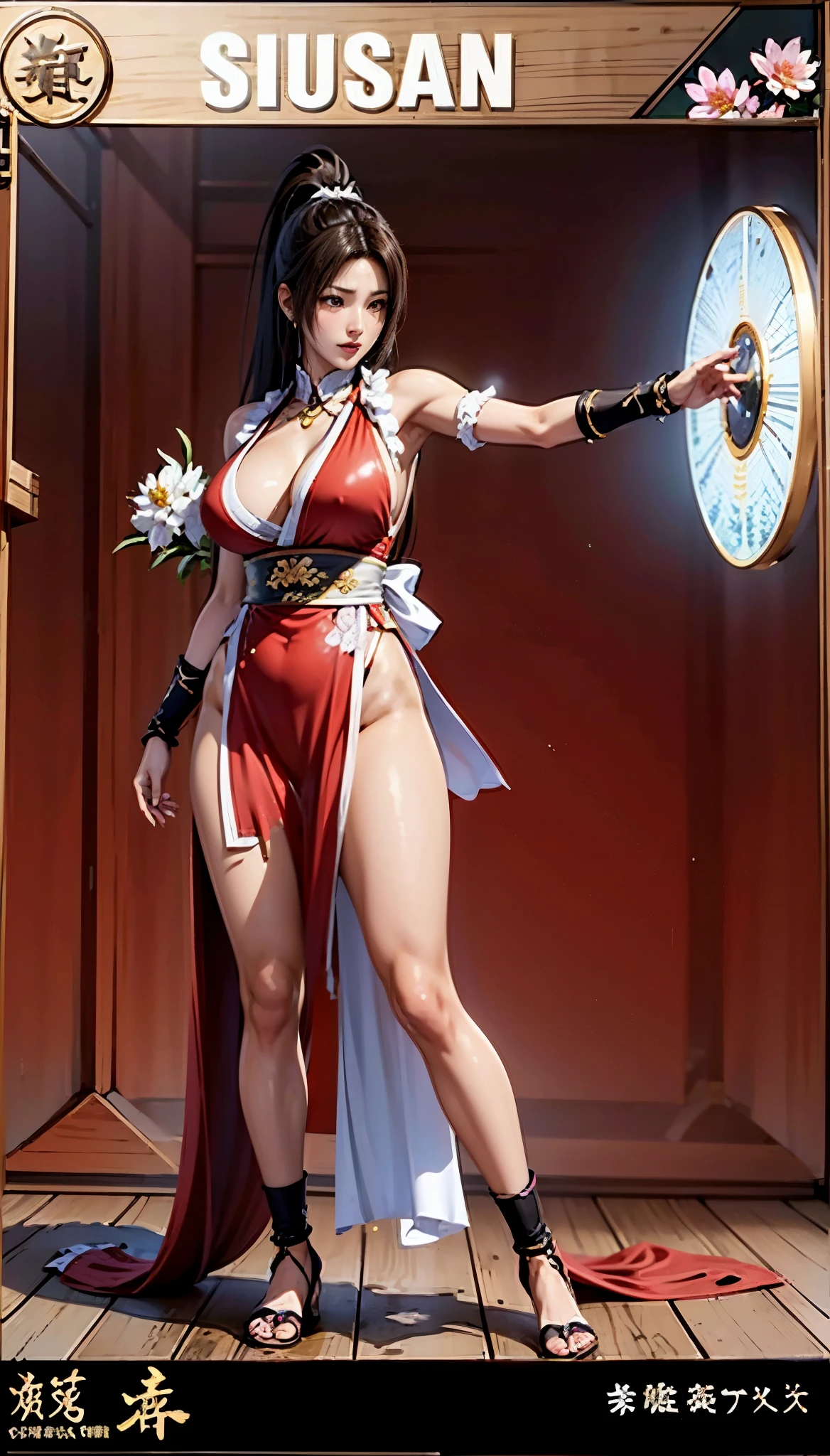 Replace the people in the picture，A man wearing red and white clothing、Close-up of woman shooting Qigong waves from her hands,, Mai Shiranui, yoko matsugane as Mai Shiranui, Characters in The King of Fighters, full body xianxia, anime action figures, As a character in Tekken, Paired with ancient Chinese costumes, Female Action Anime Girl, 