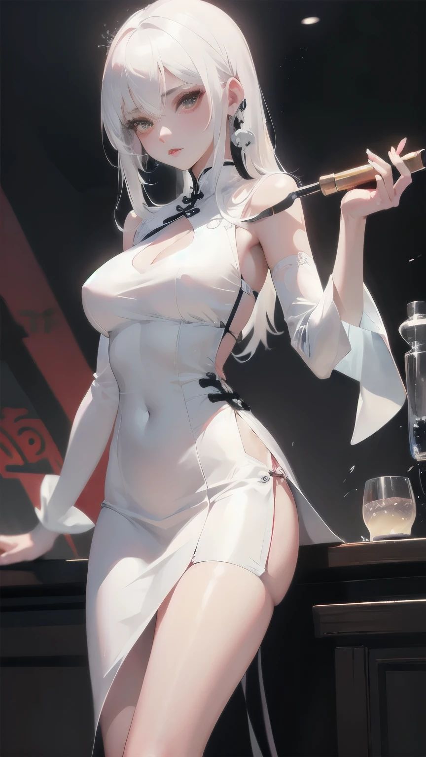 1girl, solo, mafia, white hair, cool, wear cheongsam, mafia, pretty, holding a pipe
