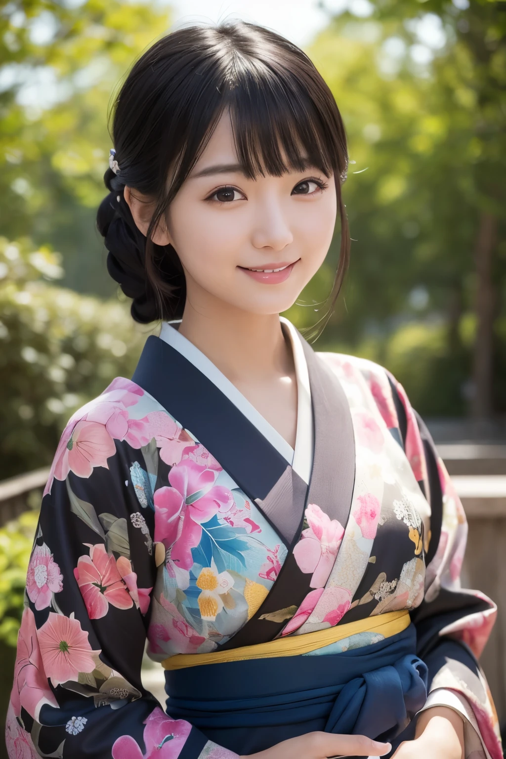 (kimono)、Random pose、(top quality,Masterpiece:1.3,ultra high resolution,),(super detailed,Caustics),(realism:1.4,Original photography,)Ultra-realistic capture,a very detailed,High resolution 16k human skin closeup、 natural skin texture、、Skin looks healthy and even-toned、 Use natural light and color,1 girl,Japanese,kawaii,A black-haired one,Zhongfa,,Smile,,(depth of field、Color difference、、Wide lighting range、natural shadow、)、Half-length photo
