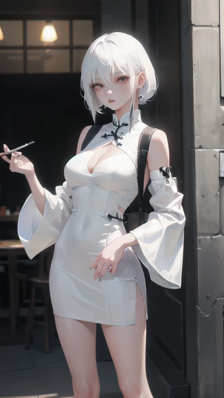 1girl, solo, mafia, white hair, cool, wear cheongsam, mafia, pretty, holding a pipe
