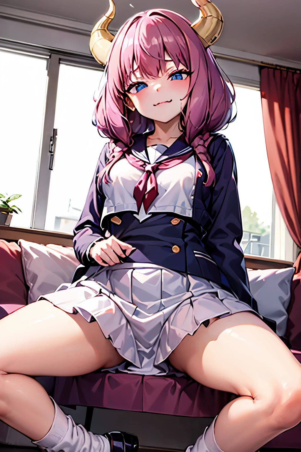 very delicate and beautiful girl,8k wallpaper,masterpiece,danntoudainoaura,Bedroom,1 girl,alone,devil's horns,devil girl,long hair,medium ,(school uniform),((loose socks)),pumps,white blouse,(sit on the bed),looking at the viewer、Photo from below、((sit cross-legged))、((sailor suit))、((mini skirt))、