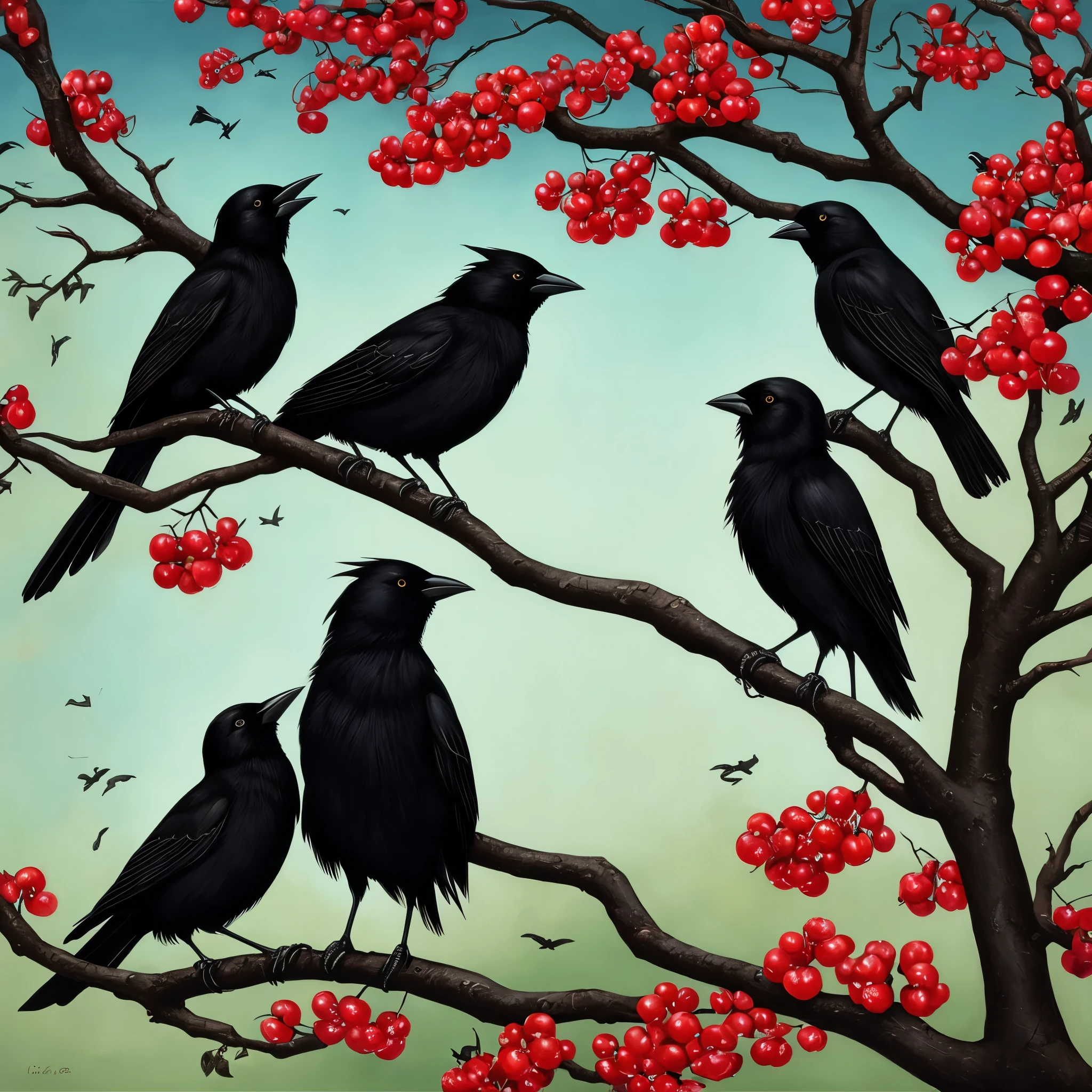 painting of two black birds sitting on a branch of a cherry tree, crows beautiful, crows, jana brike art, by Anne Stokes, style of esao andrews, by Wen Boren, by Lise Deharme, style of tom bagshaw, tom bagshaw. oil painting, beautiful depiction, by Neysa McMein, gothic painting, by Charles Bird King