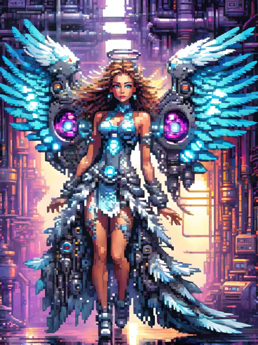 (pixel art:1.5)，Futuristic, mechanical female angel, high-tech machinery, dreamy glow, full body, female figure, floating mid-air, intricate craftsmanship, masterpiece, glowing, neon lights, high-tech mechanical components, mechanical fingers, mechanical wings, mechanical head, metallic feathers, cool appearance, mechanical legs, biomimetic eyes, intricate feather design, ethereal light, electric blue, bright purple, vividly glowing eyes, reflective metallic surface, interlocking mechanical gears, sleek style, motion blur effect, sci-fi atmosphere, streamlined aerodynamic design, laser scanning patterns, holographic projection, illuminated circuitry, electrical sparks, shiny chrome.