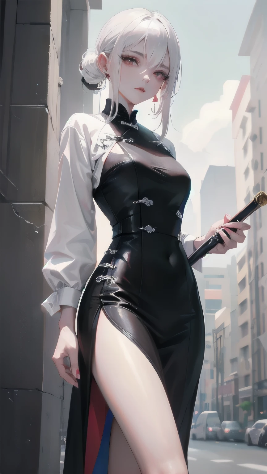 1girl, solo, mafia, white hair, cool, wear cheongsam, mafia, pretty, holding a pipe
