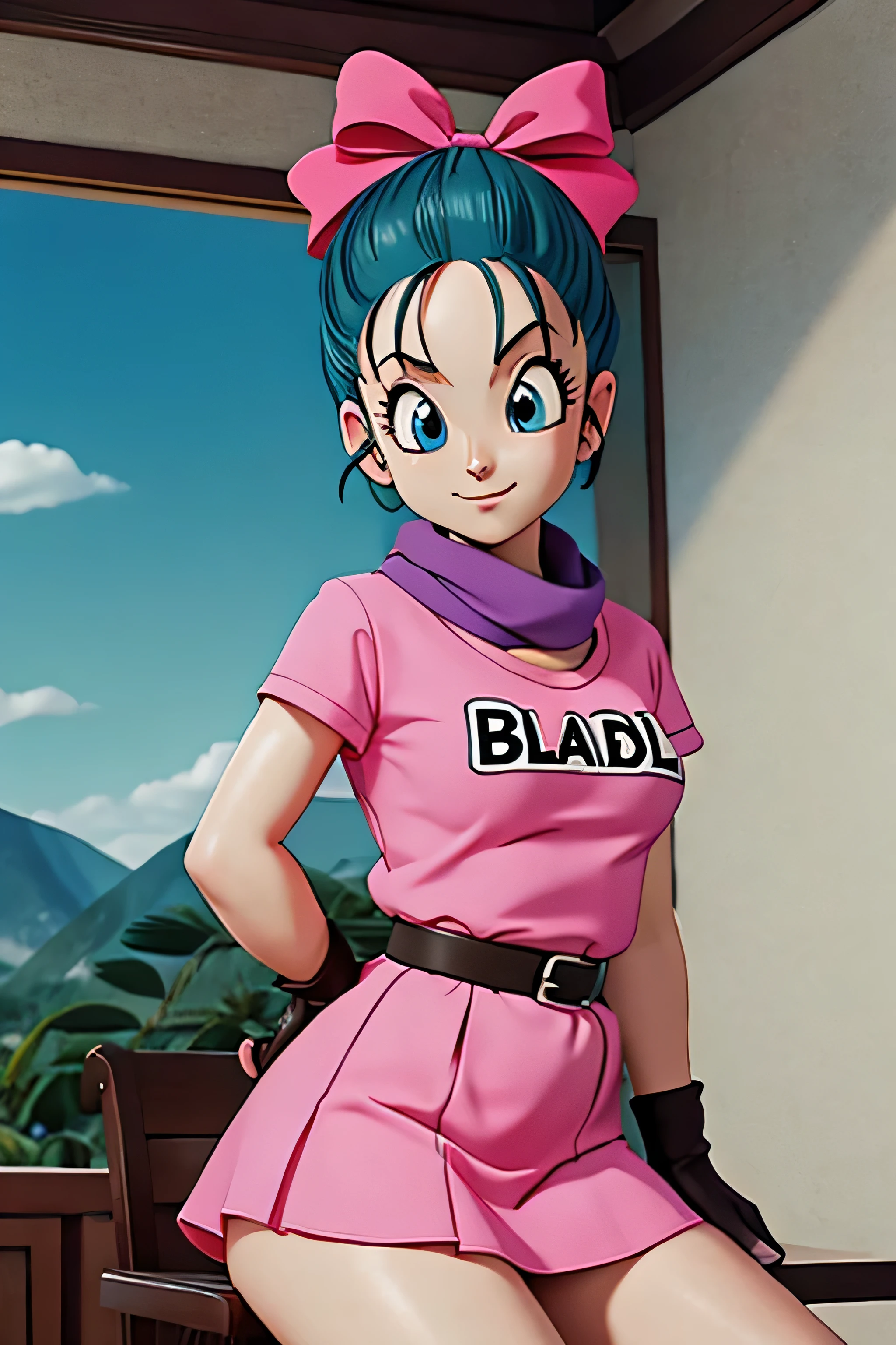 masterpiece, best quality, high resolution, dragon ball, blmpony, aqua hair, hair ribbon, braided ponytail, pink shirt, belt, scarf, pink skirt, clothes writing, brown gloves, medium breasts, in back mini pink dress, sitting, legs crossed, very sexy. CROSING LEGS, SHOW BOOTY