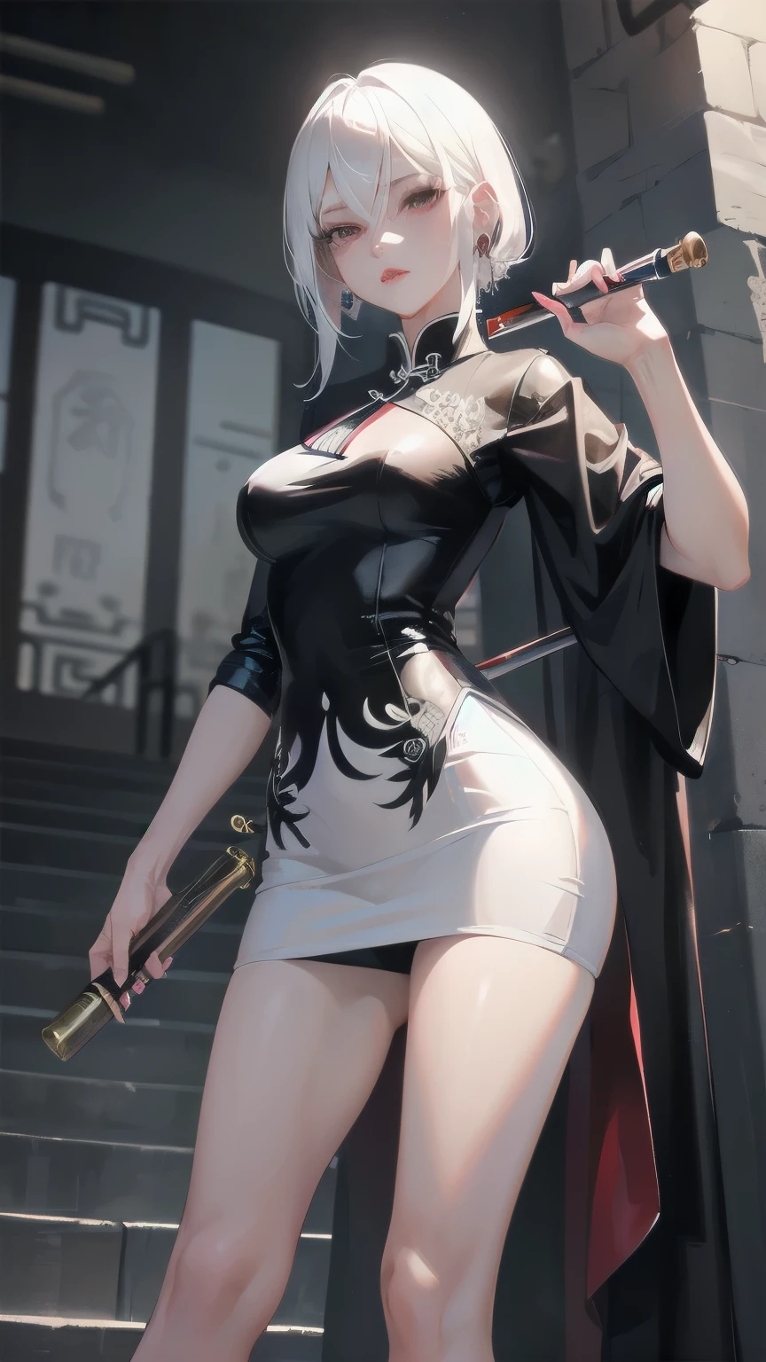 1girl, solo, mafia, white hair, cool, wear cheongsam, mafia, pretty, holding a pipe