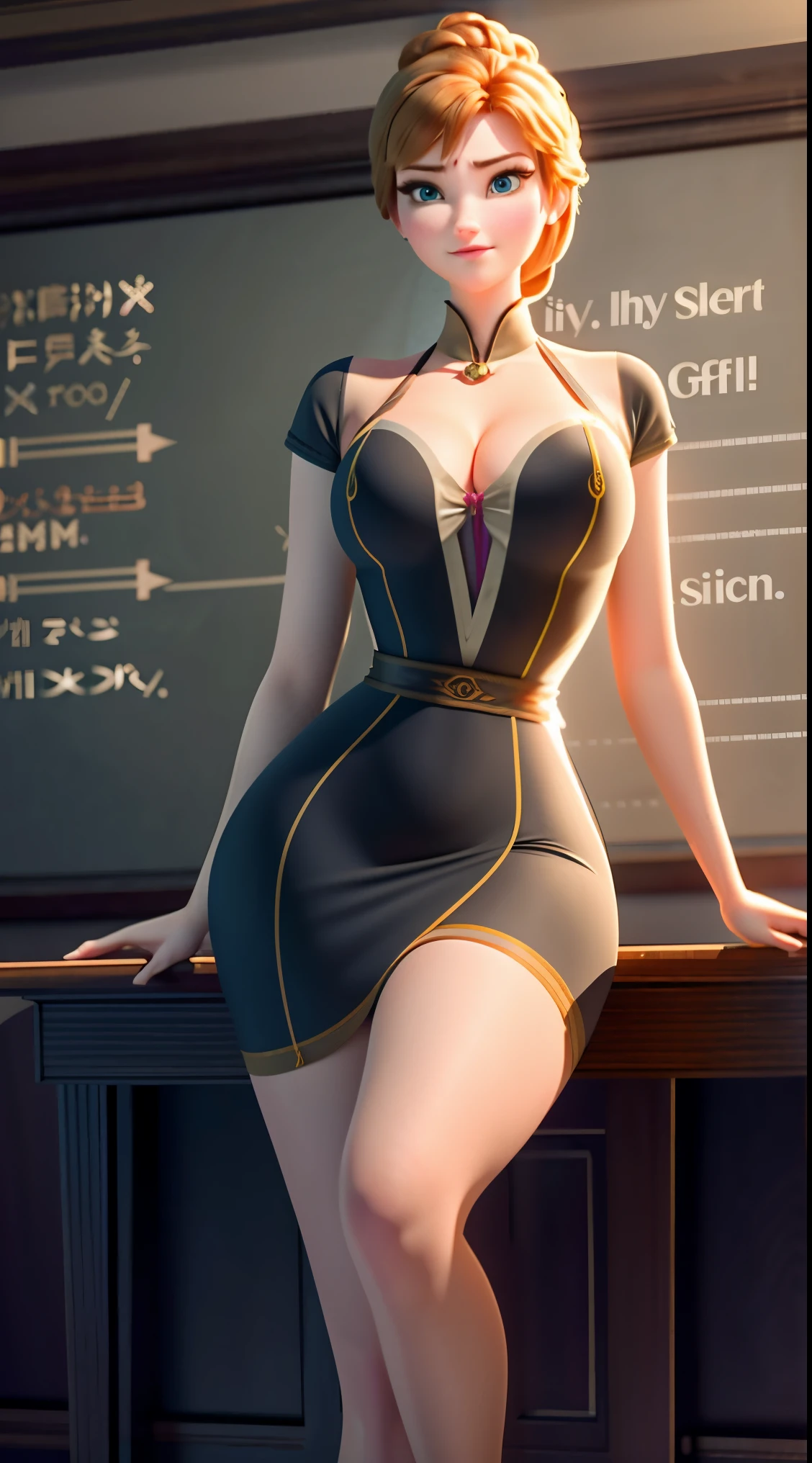 Photo of Anna of Arendelle as a teacher, teacher, teacher clothes, mini dress,  Anna from Disney Frozen movie, tall and sexy, superb face, perfect body, provocative, Nice, show breasts, huge breasts, tall, sexy legs, bursting huge breasts, wide hips, busty, sexy, enormous breasts, happy.