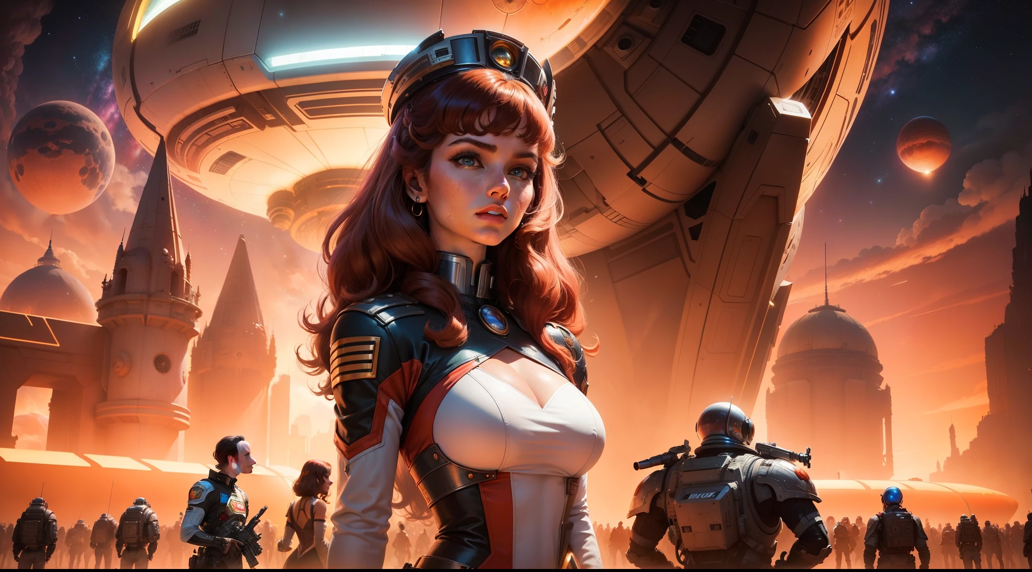 there is a woman standing in front of a spaceship with a lot of people, film key art, mars attacks, pablo dominguez, megara, by Christopher Moeller, aesthetic / a riot in mars, 60s, charli bowater and artgeem, cosmic girl, by Wojciech Siudmak, barbarella