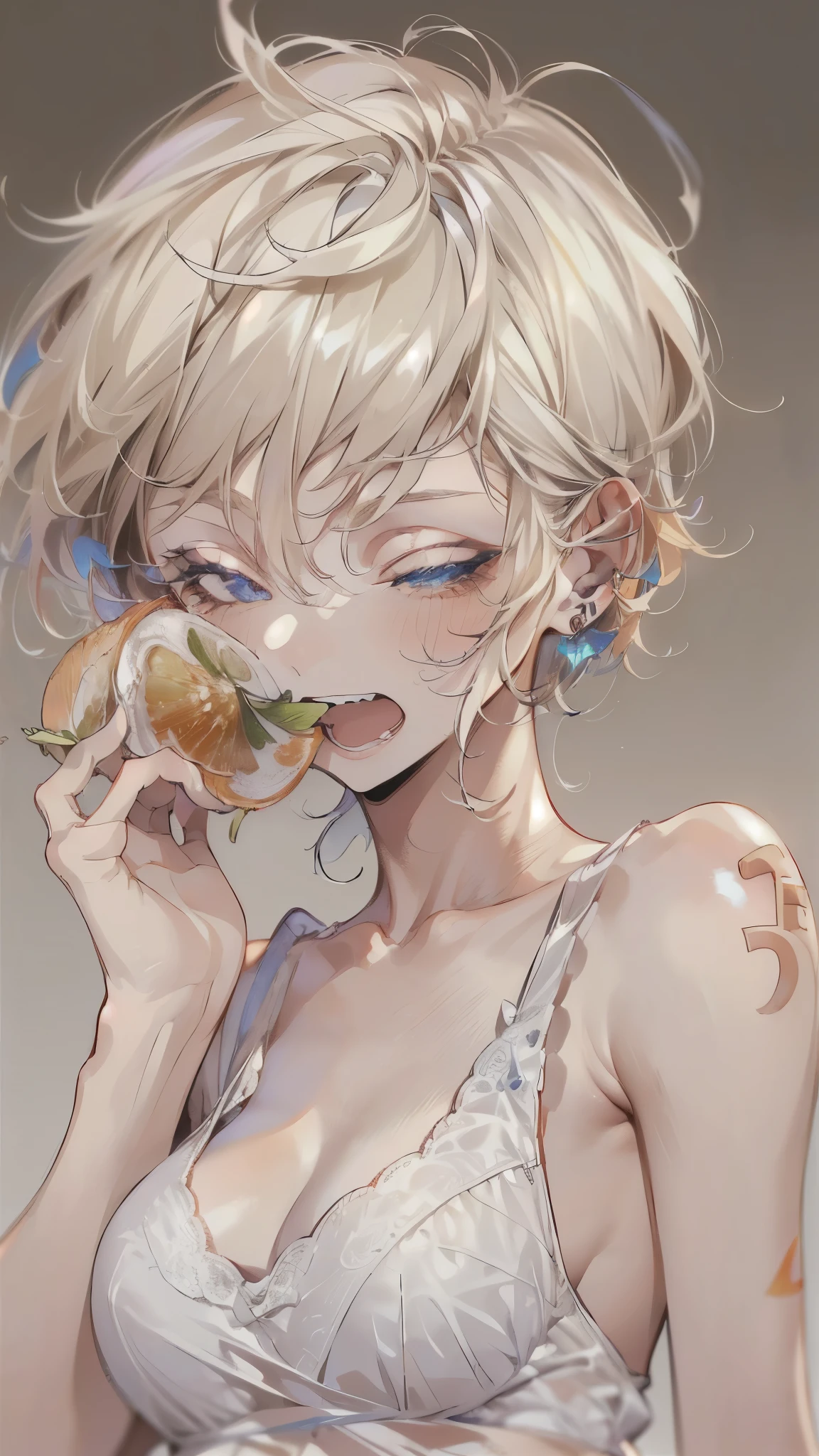 ((8K resolution))、((highest quality))、((masterpiece))、((Super detailed))((((dramatic))), (anatomically correct)、one woman、slender,In underwear、very short hair,pixie cut ,blonde,jagged teeth、double teeth、mouth slightly open、(half closed eyes),thin dark circles、tattoo、(subject、full body:1.1),white background、Hanabubuki