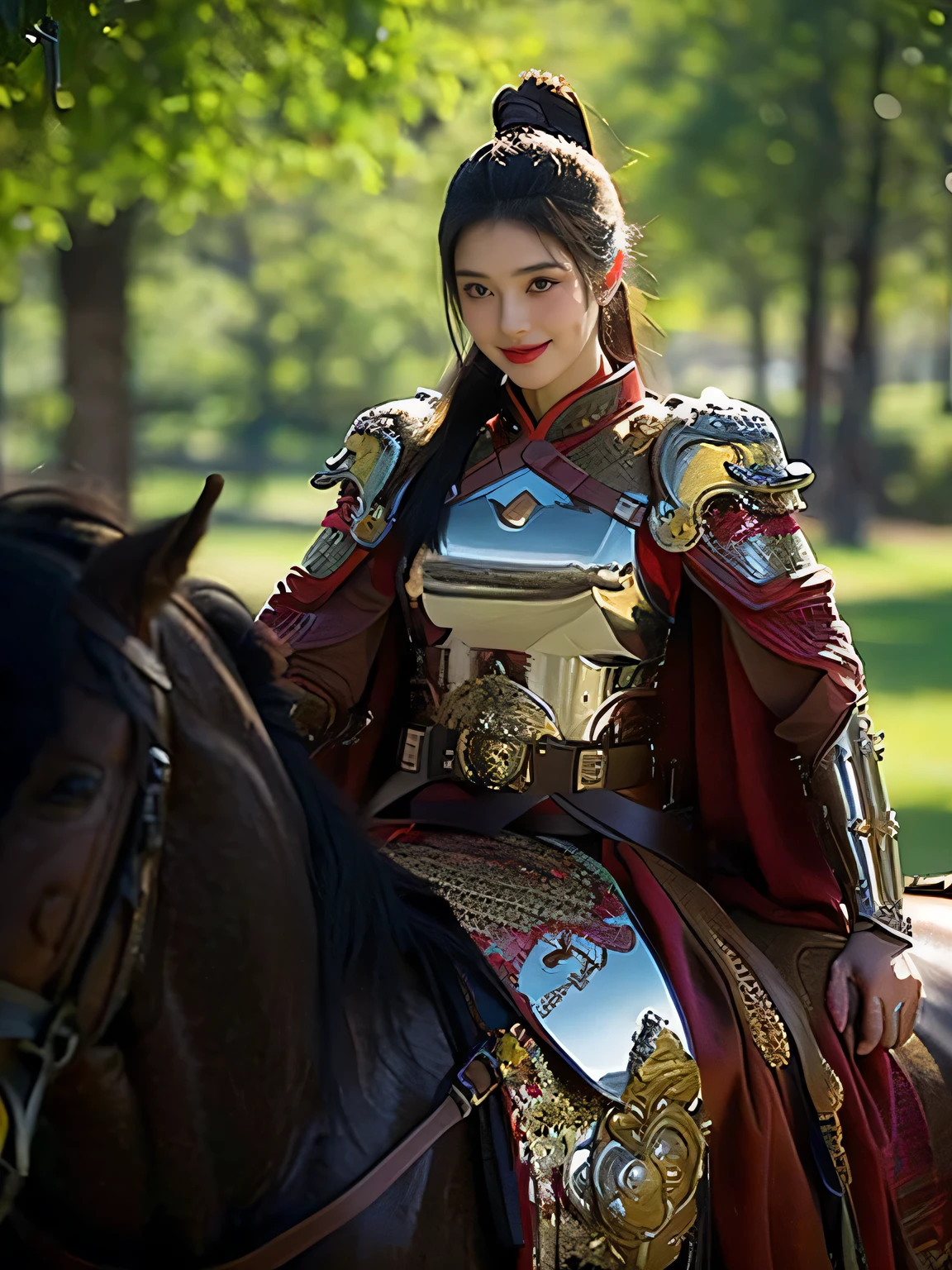 masterpiece,Best quality,HD quality,face close-up,A high resolution,8K,Ancient battlefield background, ((field:1.8)),(Female generals on the battlefield in the Han Dynasty),(mounted on a horse),18-year-old girl,(long ponytail hairstyle),cparted lips,Full and erect breasts,Noble and charming,Elegant and serious,Chinese armor,sword, Chinese architecture, Brown cape,,The combination of white metal and red leather,chest armor,metallic luster,Leather buckle,Exquisite pattern,mysterious badge,Cool and gorgeouig breasts)),Chest groove,Three Kingdoms character painting style,Photo pose,oc render reflection texture,charming smile,Head-up shot,bright afternoon,woodland background