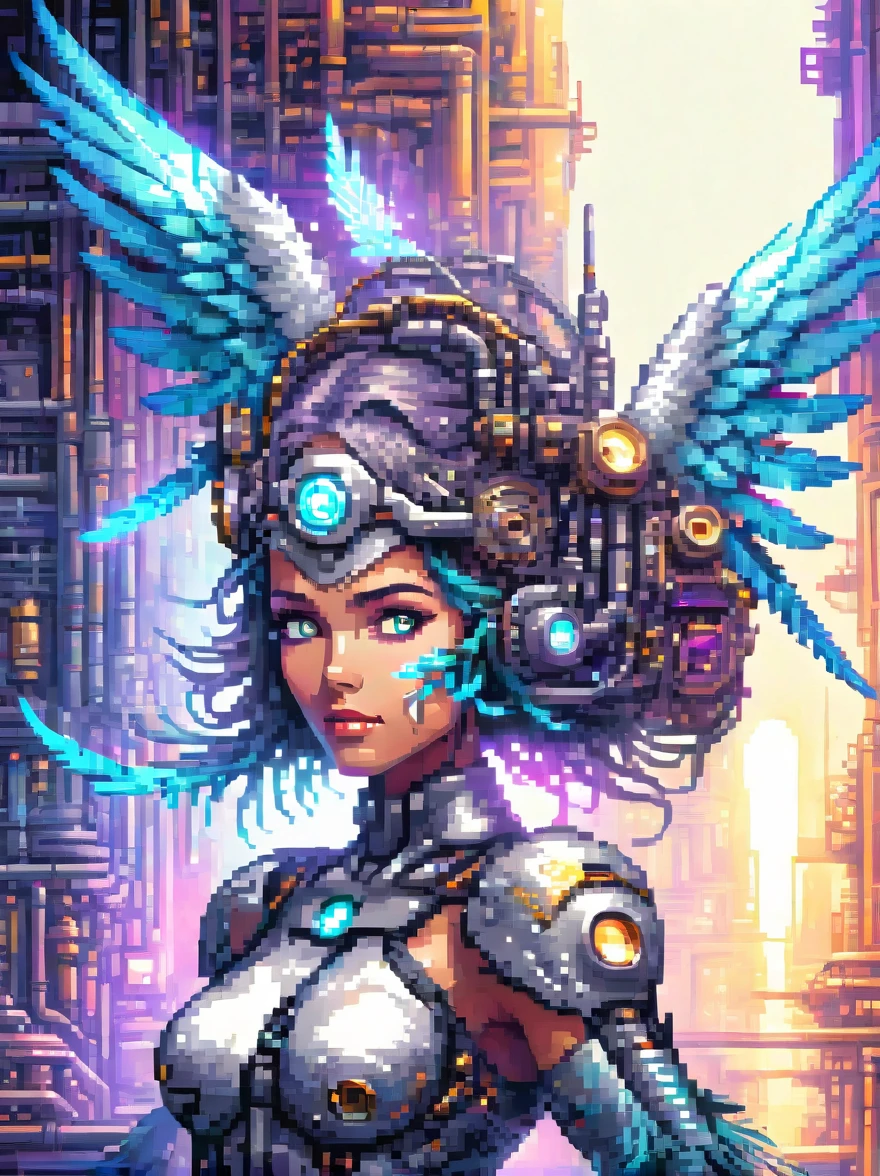 (pixel art:1.5)，Futuristic, mechanical female angel, high-tech machinery, dreamy glow, full body, female figure, floating mid-air, intricate craftsmanship, masterpiece, glowing, neon lights, high-tech mechanical components, mechanical fingers, mechanical wings, mechanical head, metallic feathers, cool appearance, mechanical legs, biomimetic eyes, intricate feather design, ethereal light, electric blue, bright purple, vividly glowing eyes, reflective metallic surface, interlocking mechanical gears, sleek style, motion blur effect, sci-fi atmosphere, streamlined aerodynamic design, laser scanning patterns, holographic projection, illuminated circuitry, electrical sparks, shiny chrome.