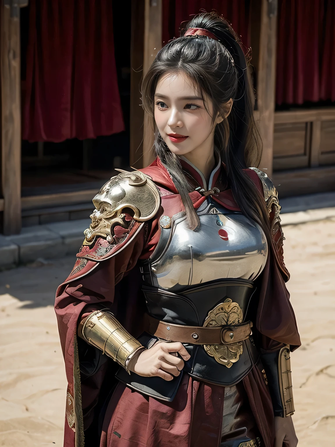 masterpiece，Best quality，HD quality，face close-up，charming smile，Laugh，8K，Ancient battlefield background, ((field：1.8))，(Female generals on the battlefield in the Han Dynasty)，18-year-old girl，（long ponytail hairstyle)，Full and erect breasts，Noble and charming，Chinese armor,Chinese architecture, red cloak，（（ gorgeouig breasts))，Chest groove，Three Kingdoms character painting style，Photo pose，，Head-up shot，