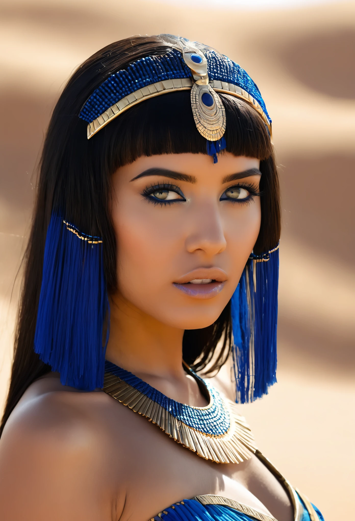 A photograph of Cleopatra with natural skin., pelo negro corto y voluminoso, ojos agudos con sombra de ojos azul, una nariz delgada y respingona, labios bien formados, una forma de cuerpo con curvas, ropa tipica, y maquillaje, intrincadamente maximalista y detallado, vibrante, epic, liso, cinematographic, 4k, Retroiluminado, fantasy desert background, y poca profundidad de campo.