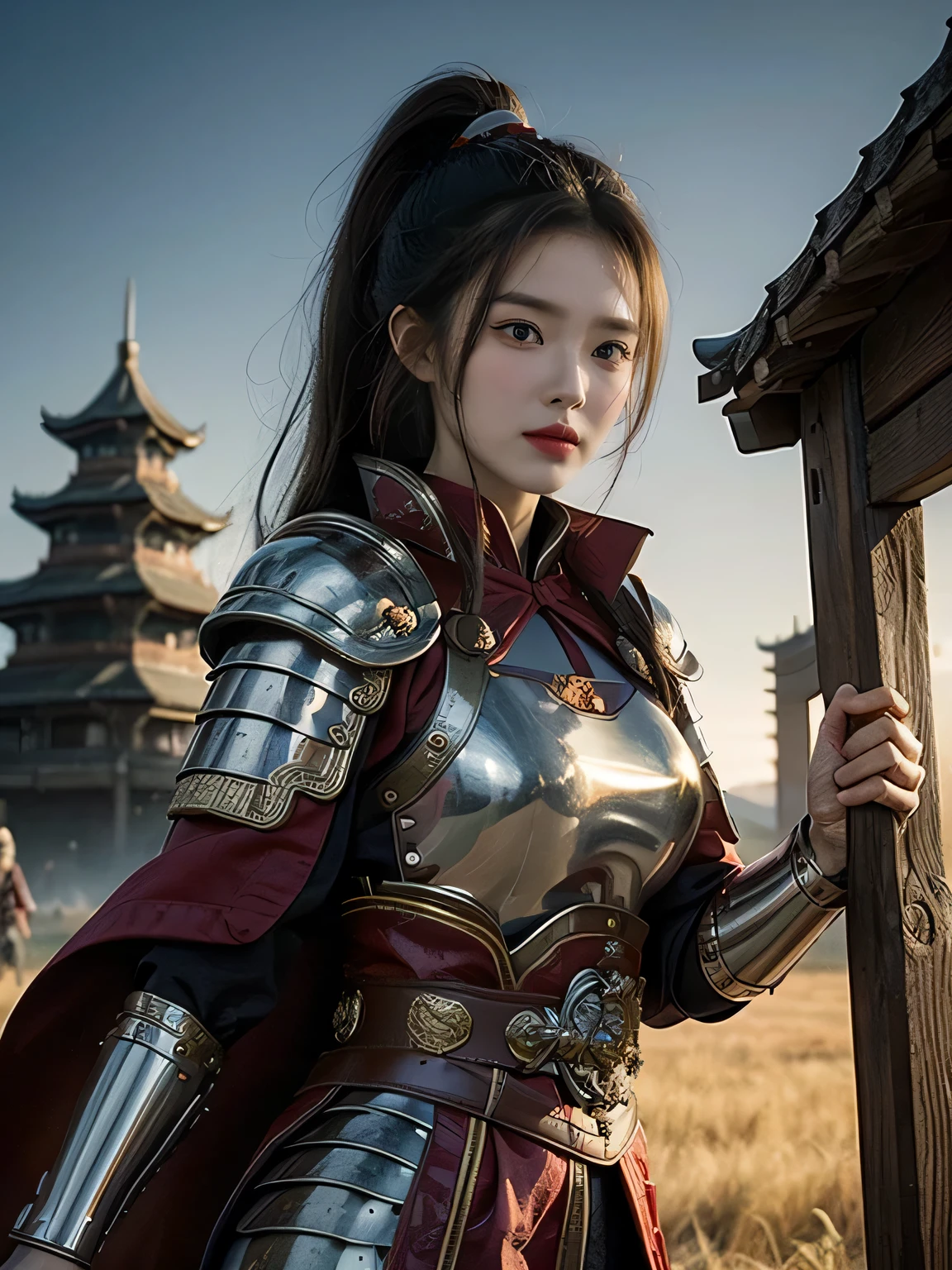 masterpiece,Best quality,HD quality,face close-up,charming smile,Laugh,8K,Ancient battlefield background, ((field:1.8)),(Female generals on the battlefield in the Han Dynasty),18-year-old girl,(long ponytail hairstyle),Full and erect breasts,Noble and charming,Chinese armor,Chinese architecture, red cloak,(( gorgeouig breasts)),Chest groove,Three Kingdoms character painting style,Photo pose,,Head-up shot,