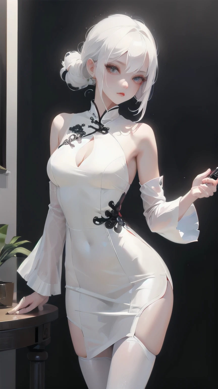 1girl, solo, mafia, white hair, cool, wear cheongsam, mafia, pretty, holding a pipe