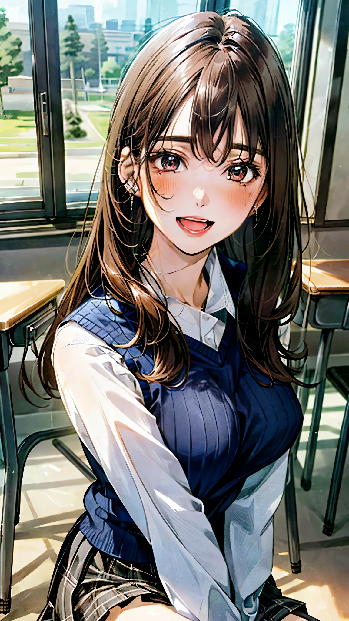 (masterpiece:1.3, highest quality), ultra high resolution, super detailed, (realistic, photorealistic:1.4), beautiful illustrations, perfect lighting, colorful, Depth of the bounds written, looking at the viewer, (face focus, Upper body), 1 girl, alone, High female high school student, sculpture model, (big breasts, big ass, seductive thighs, skin dents), (long hair:1.1, straight hair:1.1, (saddle-brown colored) hair), 流した前hair, (black color) eye, drooping eye, big eye, shiny skin, thin, beautiful hair, beautiful face, highly detailed face, beautiful detailed eye, beautiful clavicle, beautiful body, beautiful breasts, beautiful thighs, beautiful feet, beautiful fingers, (fine cloth texture, (navy knit vest), gray plaid tie, long sleeve white shirt with collar, Grey plaid pleated skirt), black socks, , (beautiful scenery), morning, (classroom), sitting school chair, (enchanting smile, upper eye, Small with open mouth),