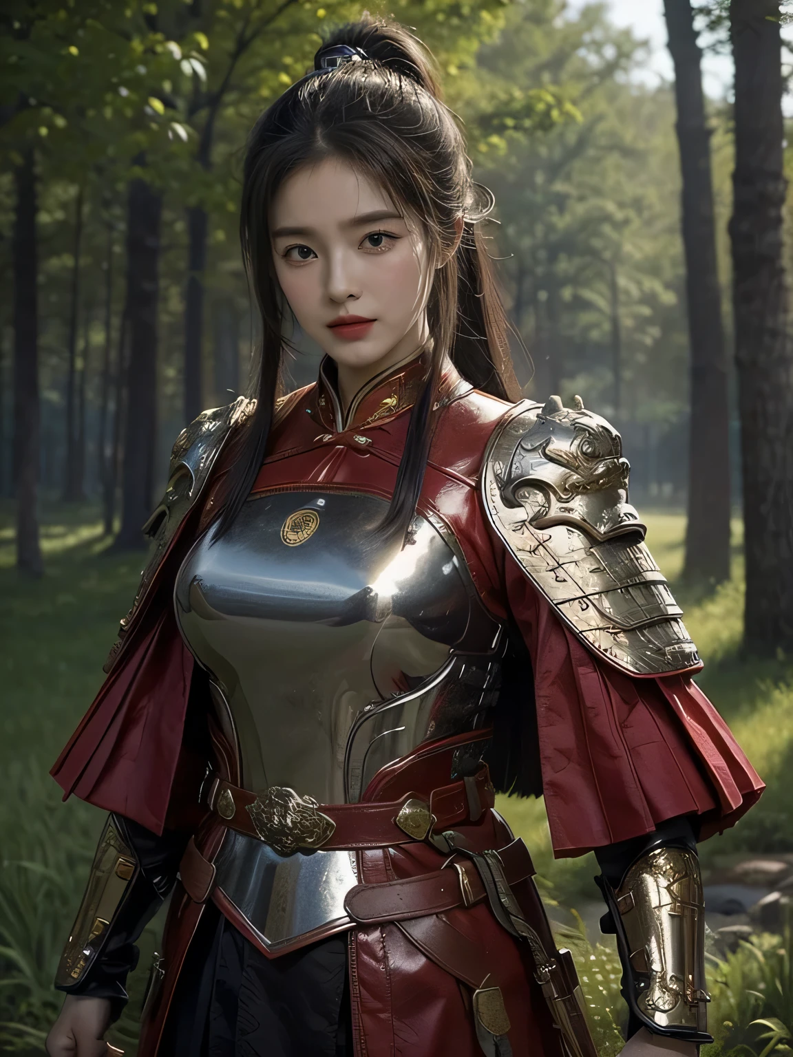 masterpiece,Best quality,HD quality,face close-up,charming smile,Laugh,A high resolution,8K,Ancient battlefield background, ((field:1.8)),(Female generals on the battlefield in the Han Dynasty),18-year-old girl,(long ponytail hairstyle),cparted lips,Full and erect breasts,Noble and charming,Elegant and serious,Chinese armor,sword, Chinese architecture, red cloak,,The combination of white metal and red leather,metallic luster,Leather buckle,Exquisite pattern,mysterious badge,Cool and gorgeouig breasts)),Chest groove,Three Kingdoms character painting style,Photo pose,oc render reflection texture,Head-up shot,bright afternoon,woodland background