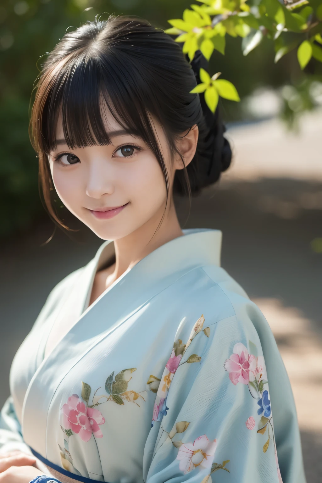 （kimono）、Random pose、(top quality,​Masterpiece:1.3,ultra high resolution,),(super detailed,Caustics),(realism:1.4,Original photography,)Ultra-realistic capture,a very detailed,High resolution 16k human skin closeup、 natural skin texture、、Skin looks healthy and even-toned、 Use natural light and color,1 girl,Japanese,kawaii,A black-haired one,Zhongfa,,Smile,,(depth of field、Color difference、、Wide lighting range、natural shadow、)、Half-length photo