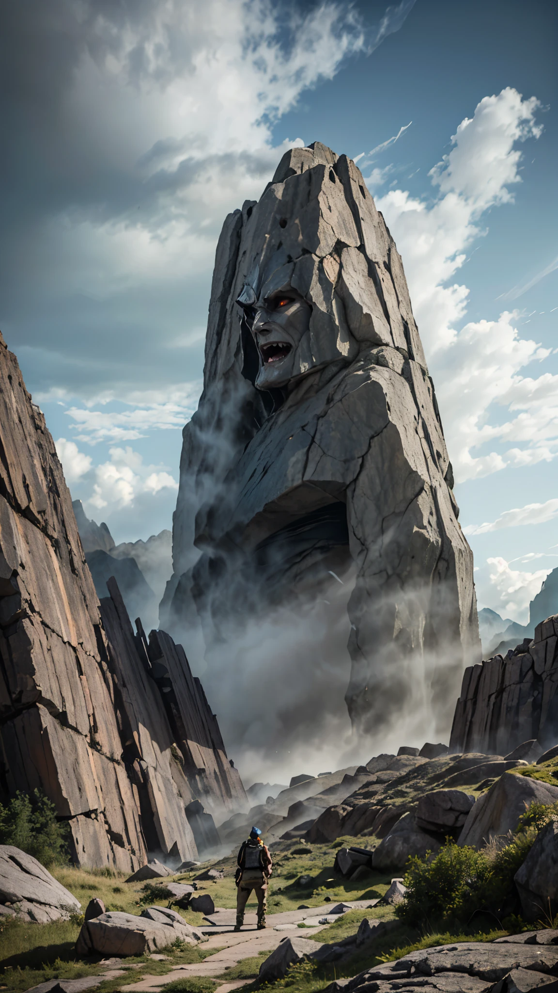 (good structure),high dynamic range,ultra high definition,8k,Rock Giants,Giant Clan, cliff, cloud, cloudy sky, debris, destruction, giant, grey sky, landscape,Light and thin smoke, male focus, mountain, muscular, open mouth, outdoors, rock, ruins, sky, solo,A body composed of rocks