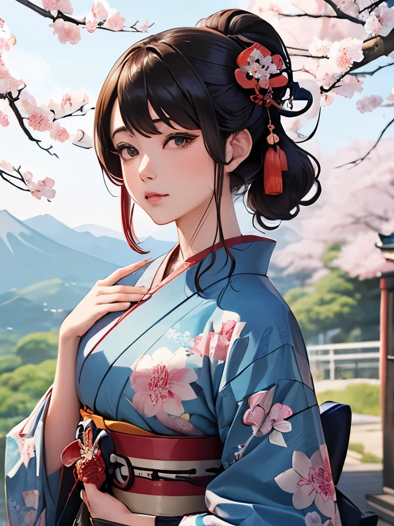 (background：Cherry blossoms on the mountain are covered with mist)((Ukiyo-e))japanese art,or period,tokyo art, lily,Natural landscape.(masseter membrane、top quality、Ukiyo-e style、mystery、Exquisite and beautiful、official art、Sharaku:1.2)、(1 japanese girl in:1.3)、(fractal art:1.3)、cowboy shooting、White skin、(beautiful brunette、kimono:1.2)、以日本传统表演艺术为background、colorful、(reel、Belongs to Japanese style:1.2)、