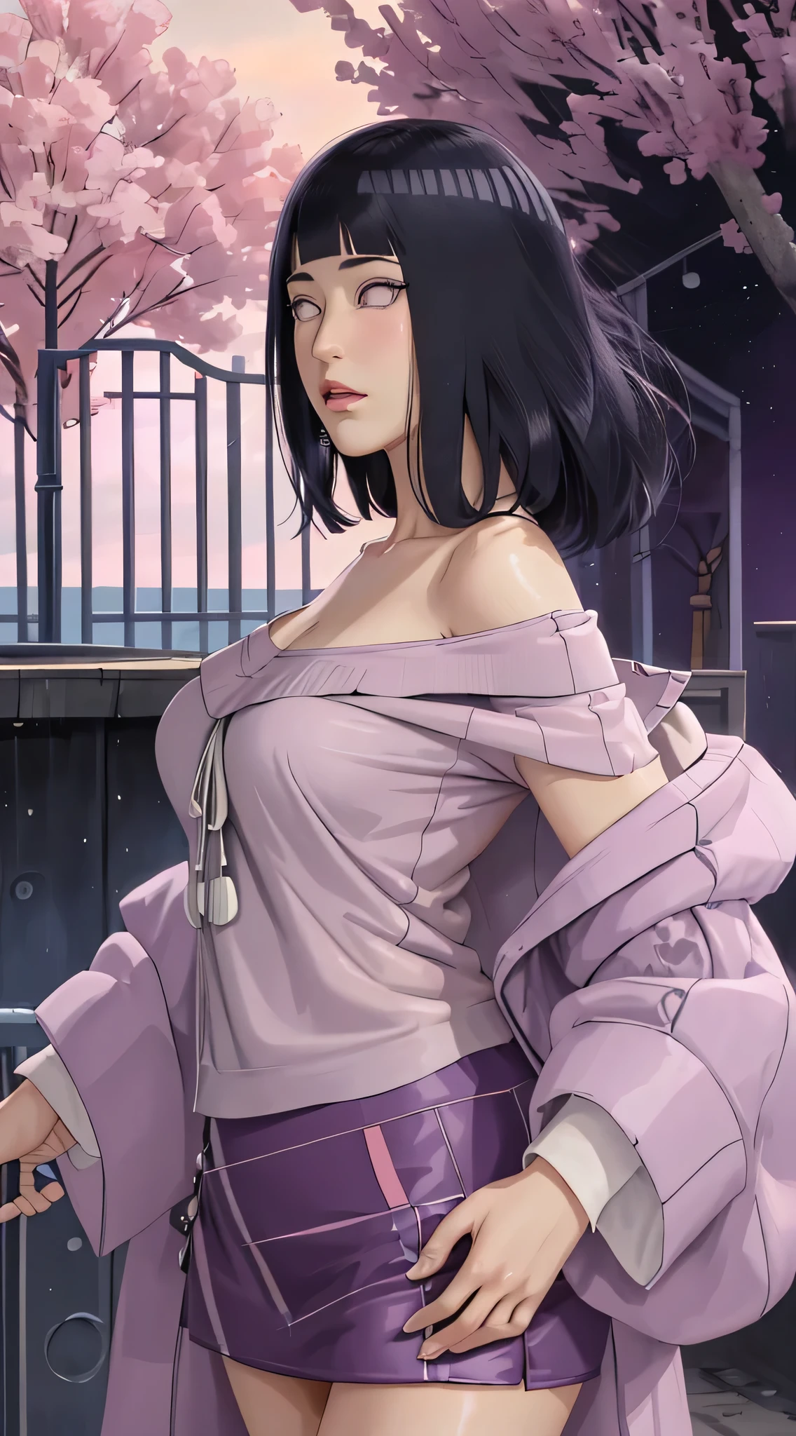 Masterpiece, absurderes, Hinata\(Boruto\), 1girll, Solo,Mature female, Off-the-shoulder oversized shirt, Perfectcomposition, Detailed lips, big breast, Beautiful face, body propotion, Blush, (Pink lips), Long hair,  Purple eyes,  Soft gaze,  Super realistic, Detailed, photoshoot, Realistick faces and bodies, Side view