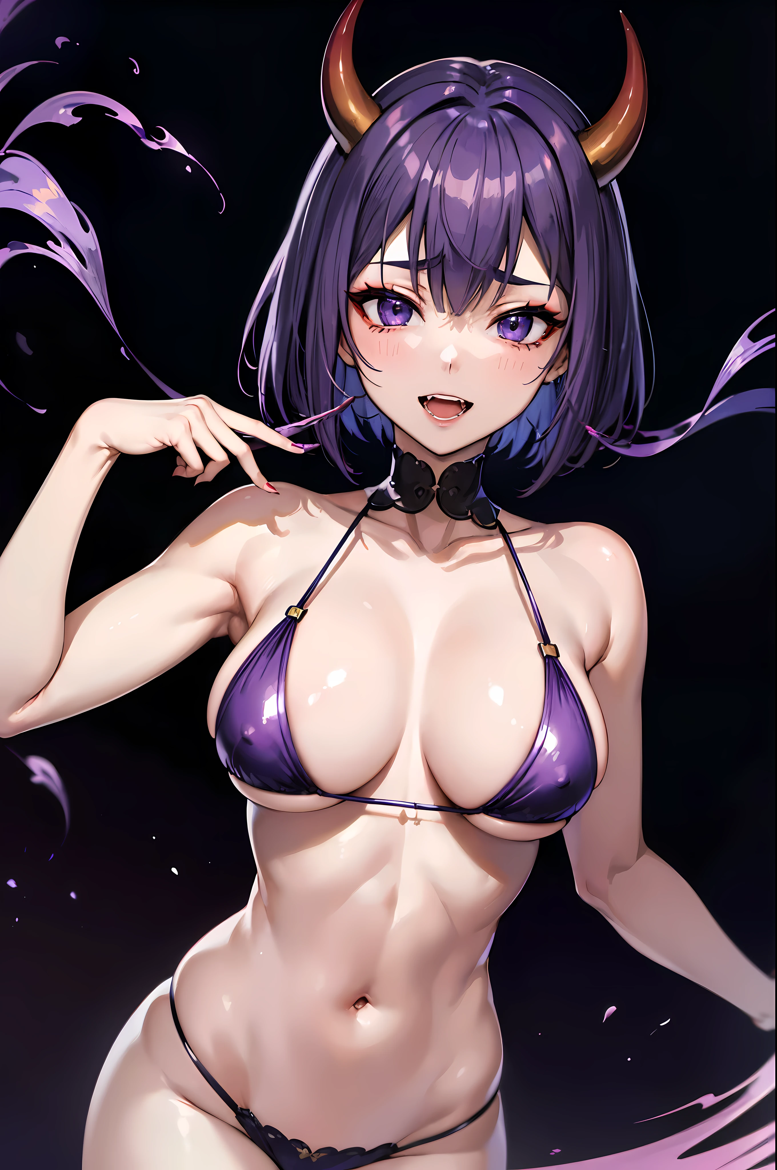 (masterpiece，best quality:1.3), Shuten Doji, (big bust, wide hips, (them hornilf), either, bob cut, laugh, purple eyes, (alone), canine, eyeliner, Short eyebrows, pitching, simple background, bare shoulders, skin-covered either, portrait, purple hair, white background,  Short hair, them, looking at viewer, assembly, dehisce, clavicle ,  (cowboy_launch) ,sexy ,  (Purple flame:1.2) , soul