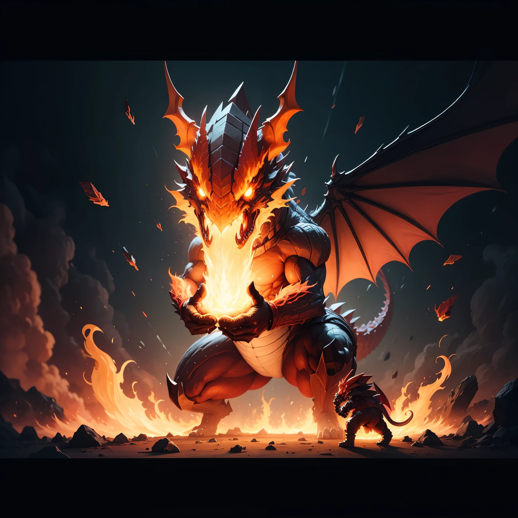 A pixel art dragon (blocky) breathes fire, a video game title in the flames