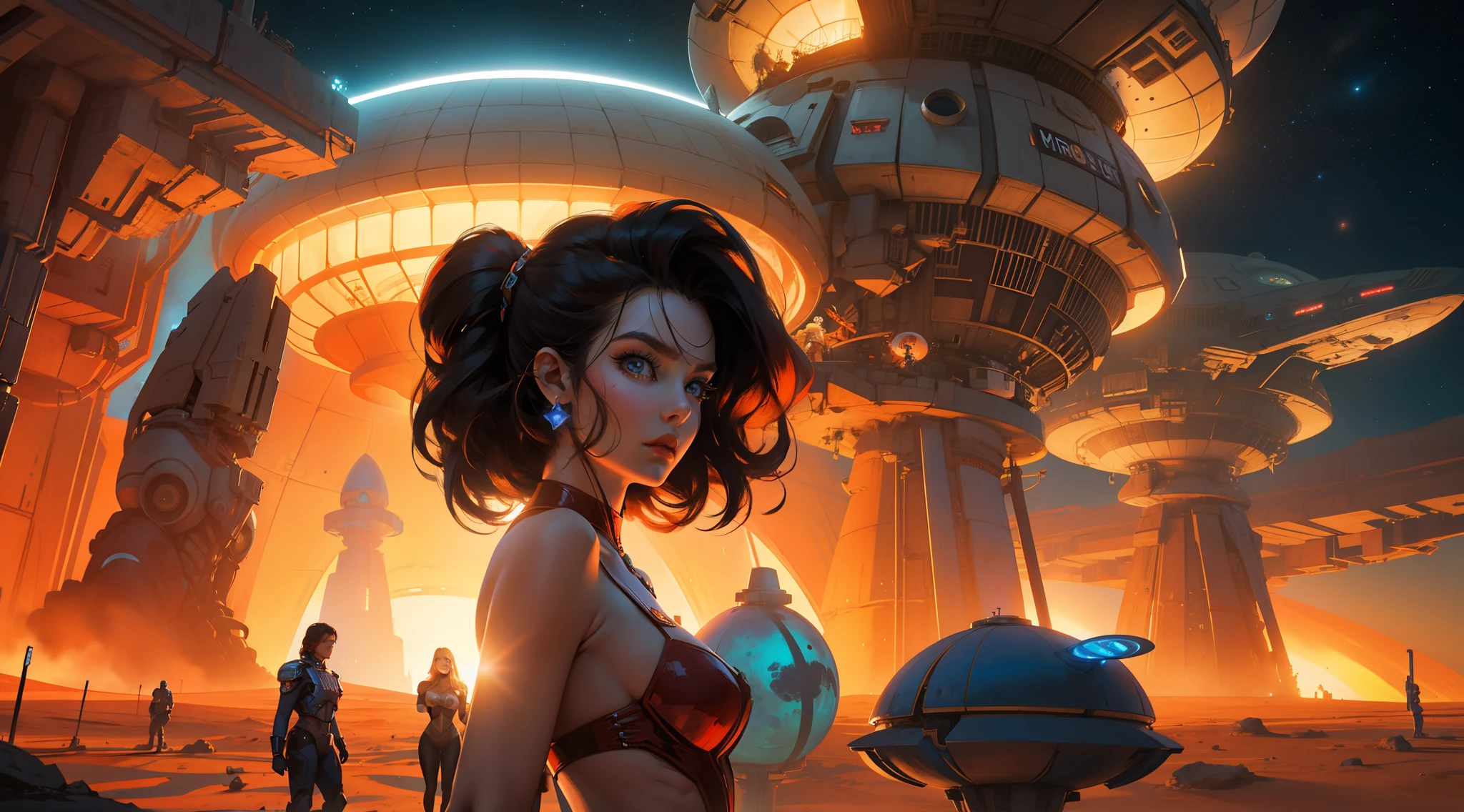 there is a woman standing in front of a spaceship with a lot of people, film key art, mars attacks, pablo dominguez, megara, by Christopher Moeller, aesthetic / a riot in mars, 60s, charli bowater and artgeem, cosmic girl, by Wojciech Siudmak, barbarella