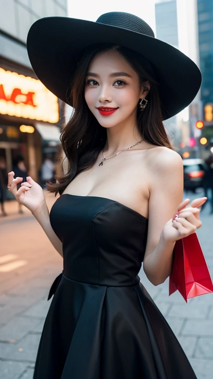 A woman holding shopping bags in both hands and walking around the city with a smile、raising both hands、selfie、big hat、red lip、black dress、gorgeous decoration、western cityscape、In the background is a man in a suit looking at the camera