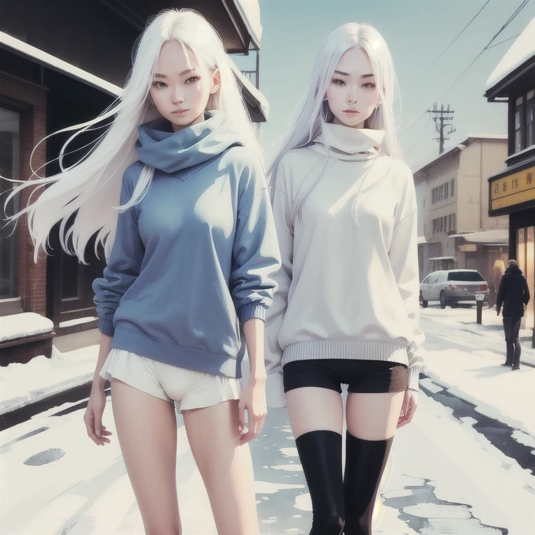 High-quality anime illustrations。superflat, flat colors, 1girl, 19yo, slim, (small breast), (front view:1.3). long straight hair, a drawing of a woman in a white unbuttoned jacket sweater and ((underpants:1.2)), standing on the street, (close up shot:1.1), (slight smile:1.3) , (winter:1.2), snow, white haired lady, young and slender, full color illustration, comics style art, watercolor