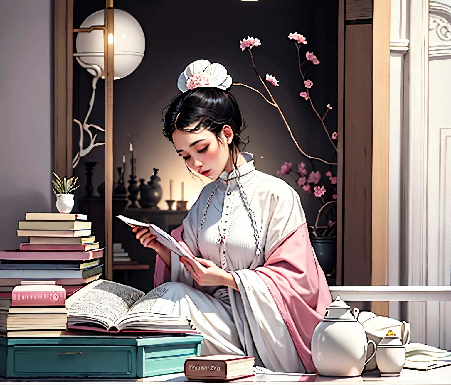 black hair，White clothes，fair skin，pink flowers，furniture，books，antiquity，illustration，masterpiece，master level
