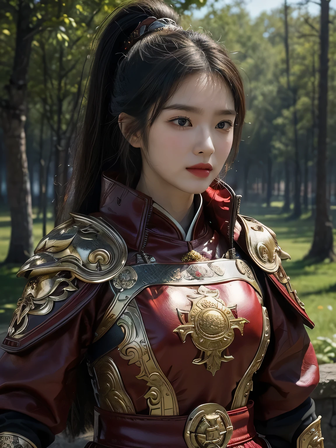 masterpiece,Best quality,HD quality,face close-up,charming smile,Laugh,A high resolution,8K,Ancient battlefield background, ((field:1.8)),(Female generals on the battlefield in the Han Dynasty),18-year-old girl,(long ponytail hairstyle),cparted lips,Full and erect breasts,Noble and charming,Elegant and serious,Chinese armor,sword, Chinese architecture, red cloak,,The combination of white metal and red leather,metallic luster,Leather buckle,Exquisite pattern,mysterious badge,Cool and gorgeouig breasts)),Chest groove,Three Kingdoms character painting style,Photo pose,oc render reflection texture,Head-up shot,bright afternoon,woodland background
