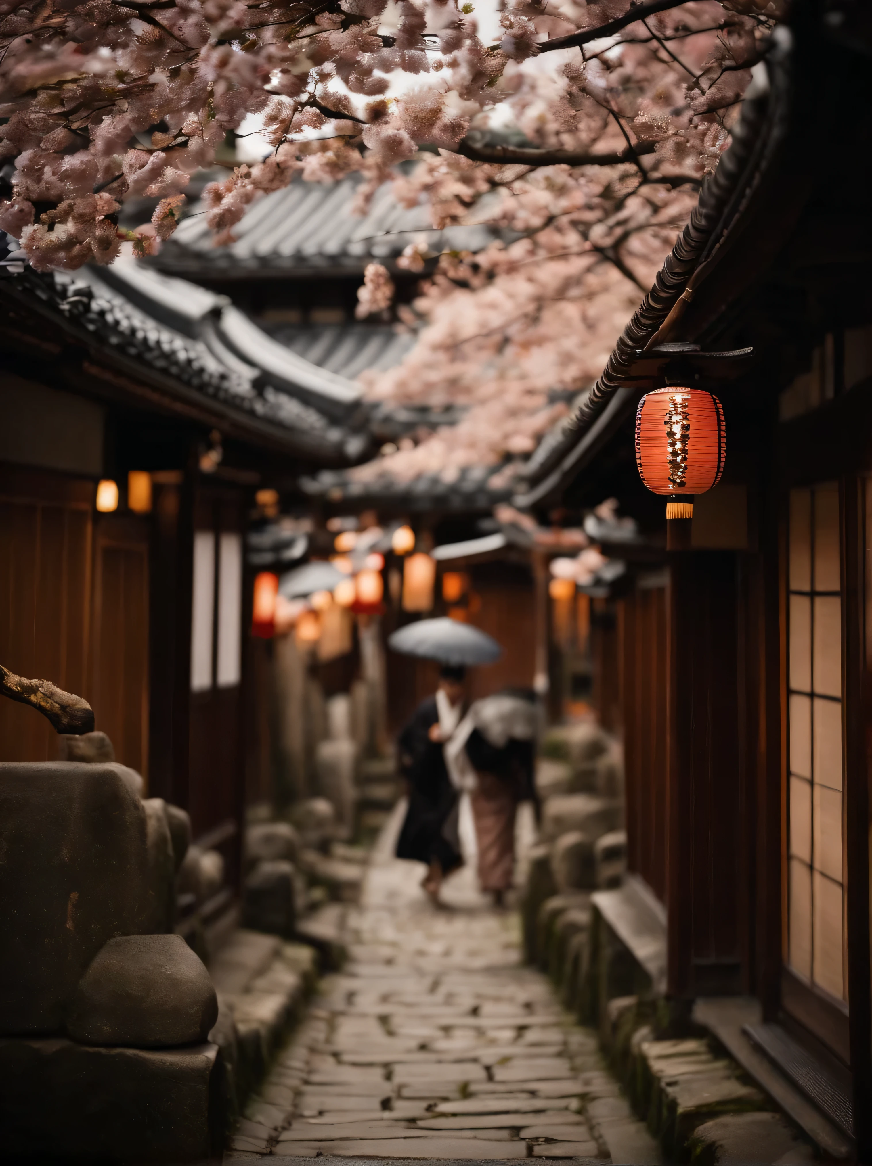 On the streets of Kyoto during the shogunate era,It is full of cherry blossoms,There is a Japanese girl,wearing kimono,Light from the side at night,warm tones,There are many lanterns hanging on the house