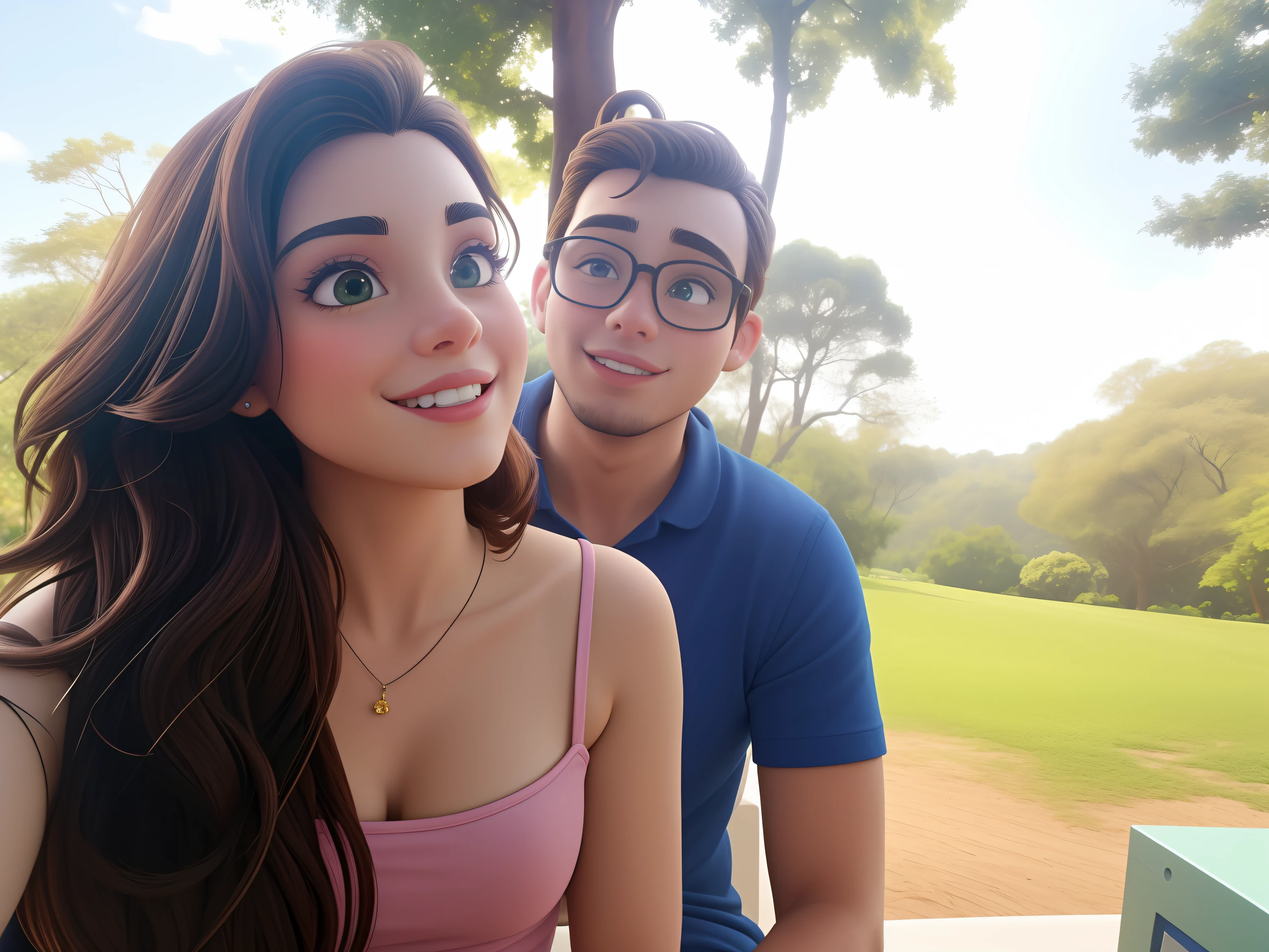 Criar uma traed da Disney com o casal da foto. Uma jovem mulher de cabelos grandes castanhos, e um jovem homem de oculos. Com um fundo verde cheio de arvores.