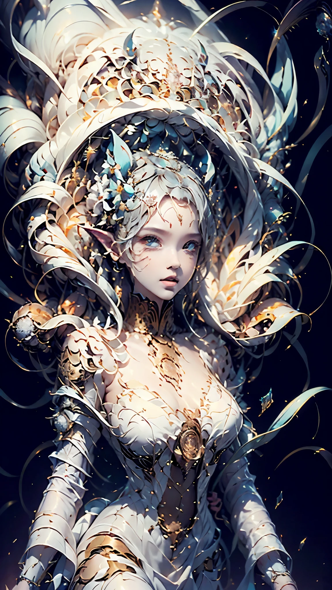 silver hair、fractal background,blue,(masterpiece, Highest品質, Highest, official art, beautiful and aesthetic, exposed for a long time: 1.2), smooth movement, attractive pattern, 1 girl:1.5, (long dress with sleeves: 1.3), (((white clothes) )), 顔 close-up, bare shoulders, chinese girl, blush, black lob hair, portrait, alone, Upper body, observe the observer, detailed background, detailed face, (crystal AI, crystal theme:1.1), 風属性のgoblin, Rotating wind, control the wind, White crystal clothes, dynamic pose, suspended particles, ether dynamics, whirlwind, vapor, whirlwind in the background, white tone, whirlwind, great atmosphere,silver hair、1 girl,goblin,random pose,Close-up,blueのfractal background,Viewer's perspective,smile